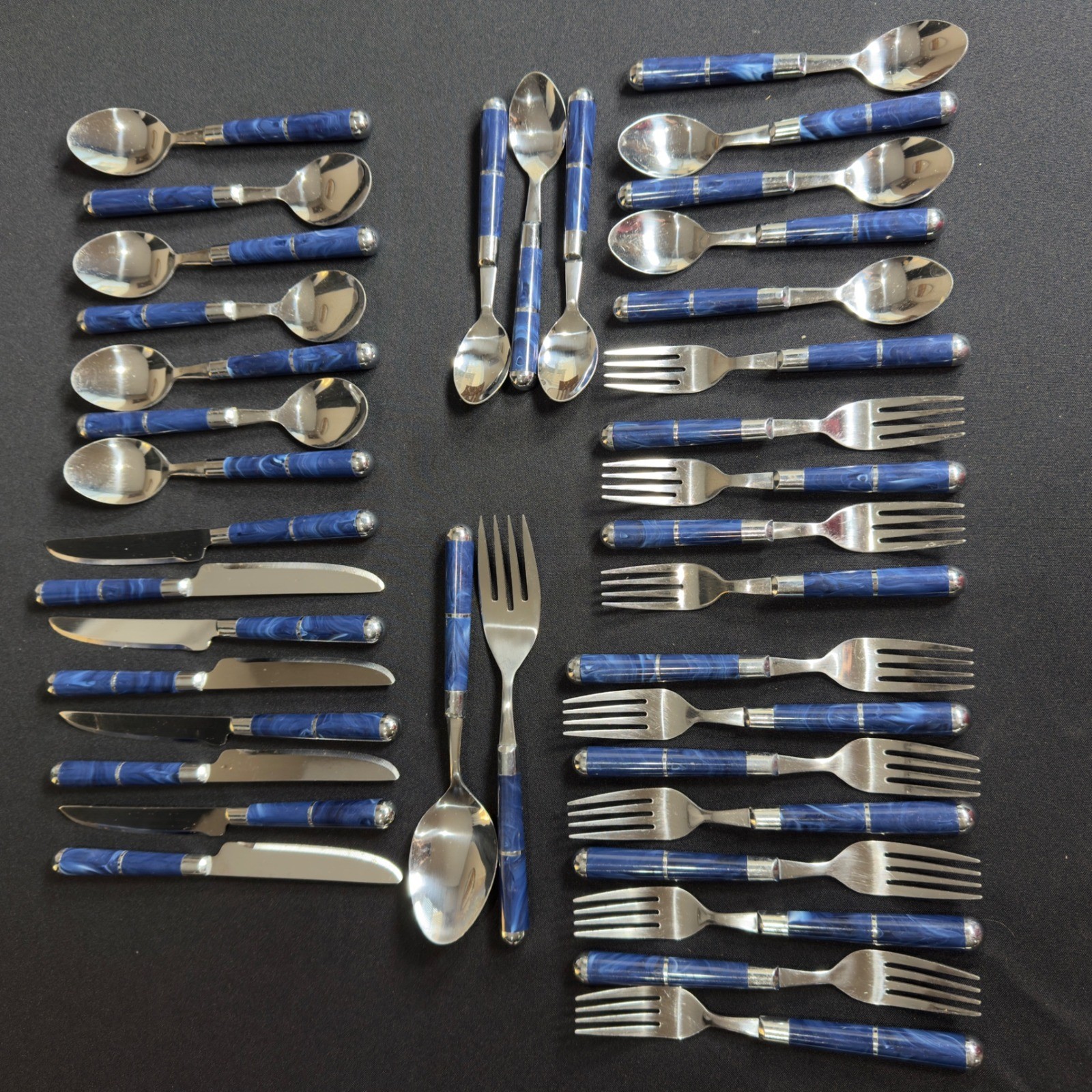Vintage MCM Blue Marble Stainless Steel Flatware Set 38 Pieces Taiwan Silverware