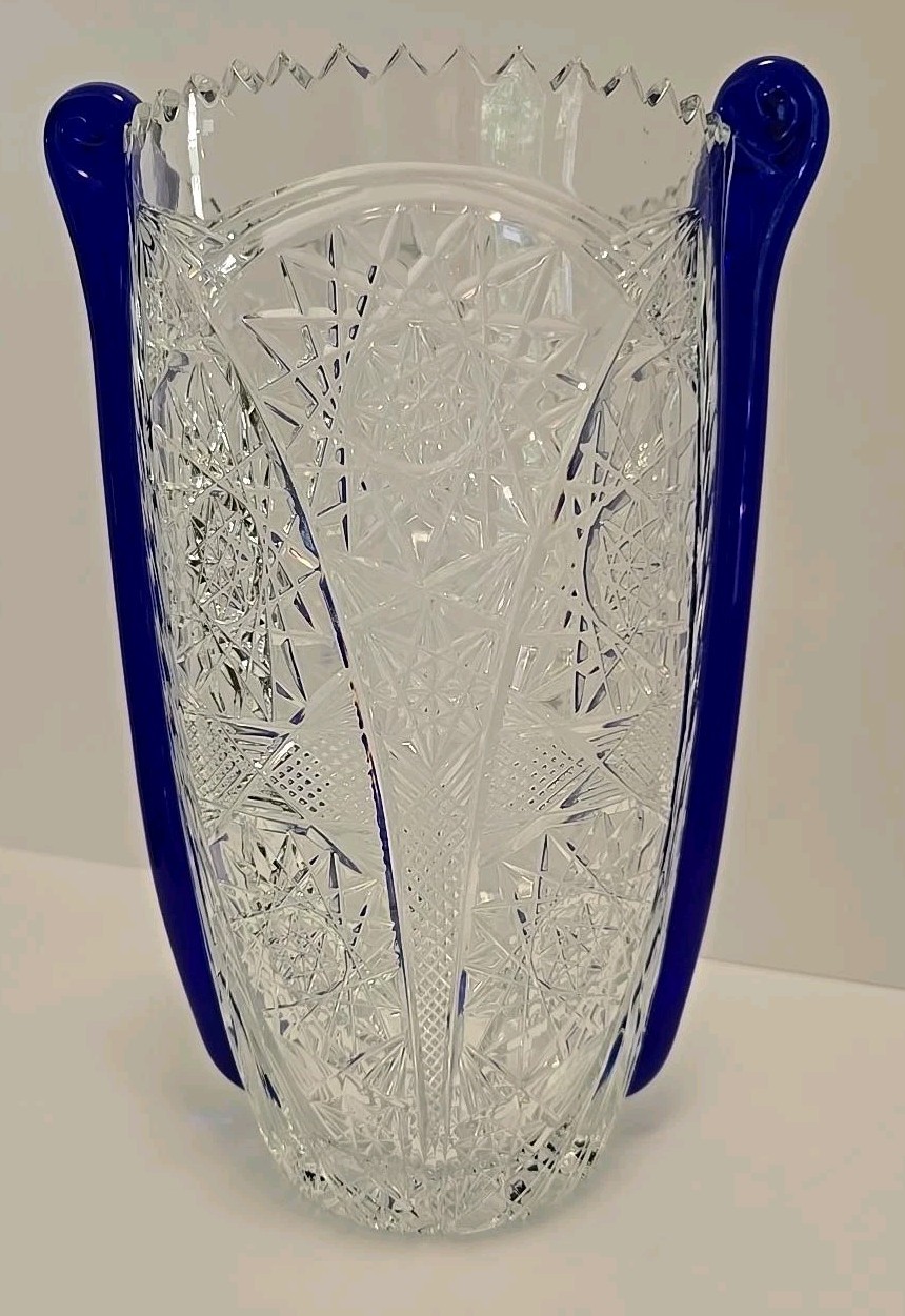 Vintage Yasemin Style Cut Crystal Glass Ice Bucket Cobalt Blue Handles