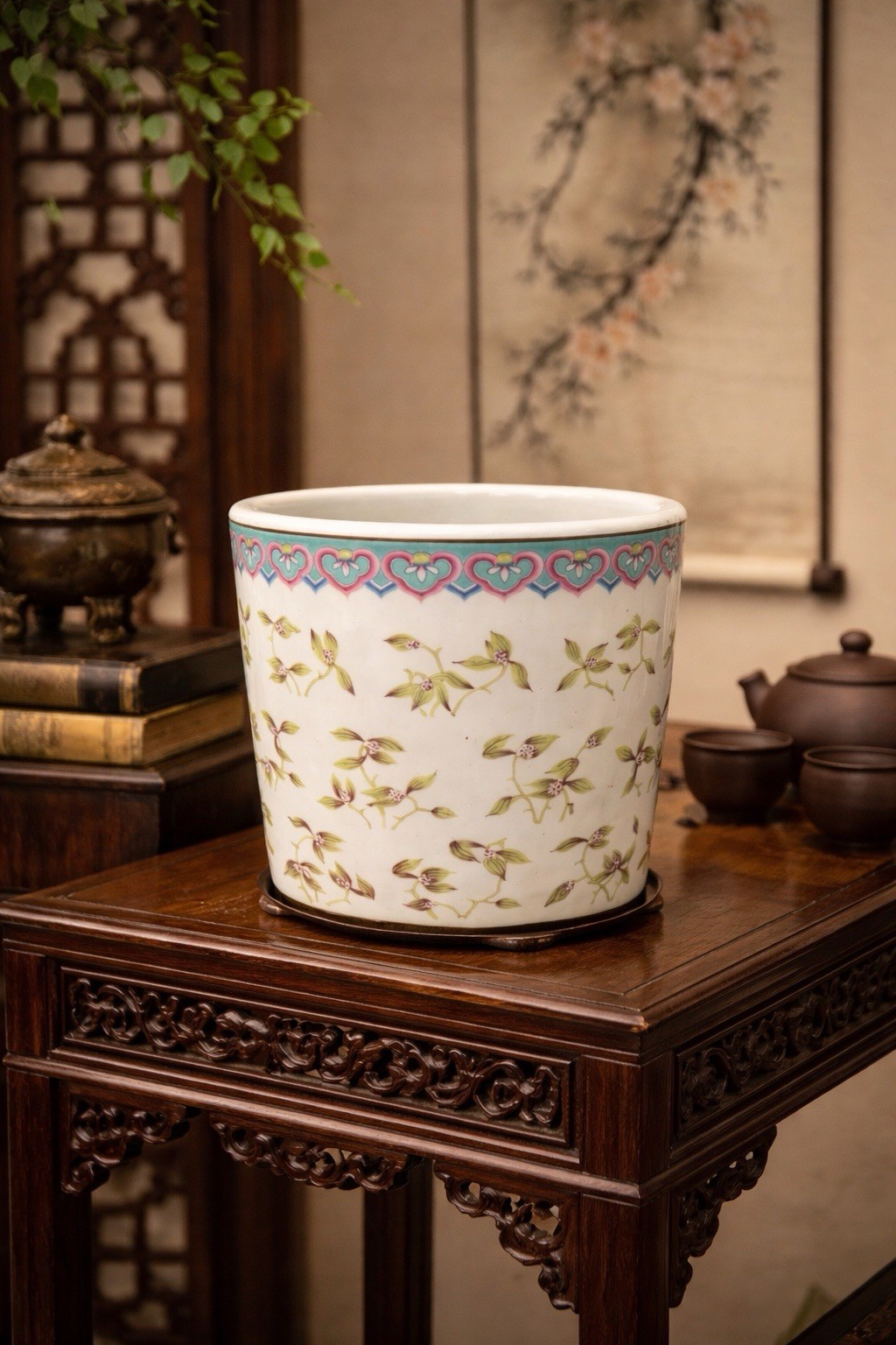 Antique Chinese Republic Period Famille Rose Floral Jardinière in Dayazhai Style