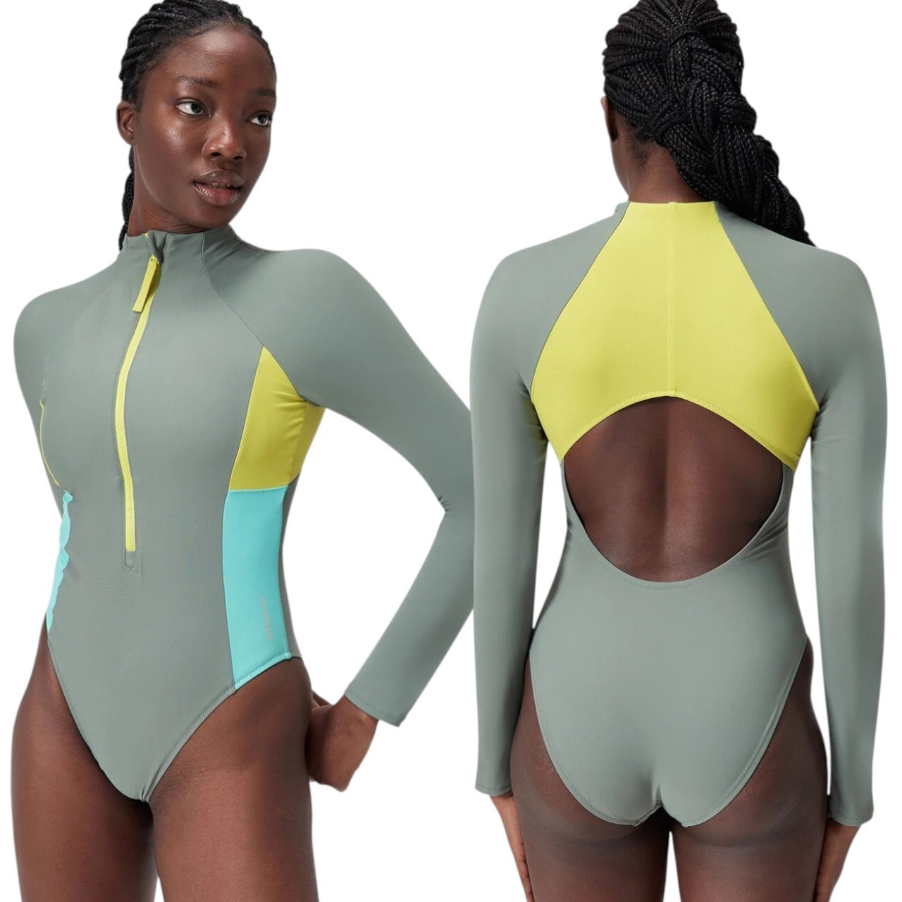 Speedo Zip Front Colorblock One-Piece Swimsuit XXL Soft Olive Long Sleeve UPF
