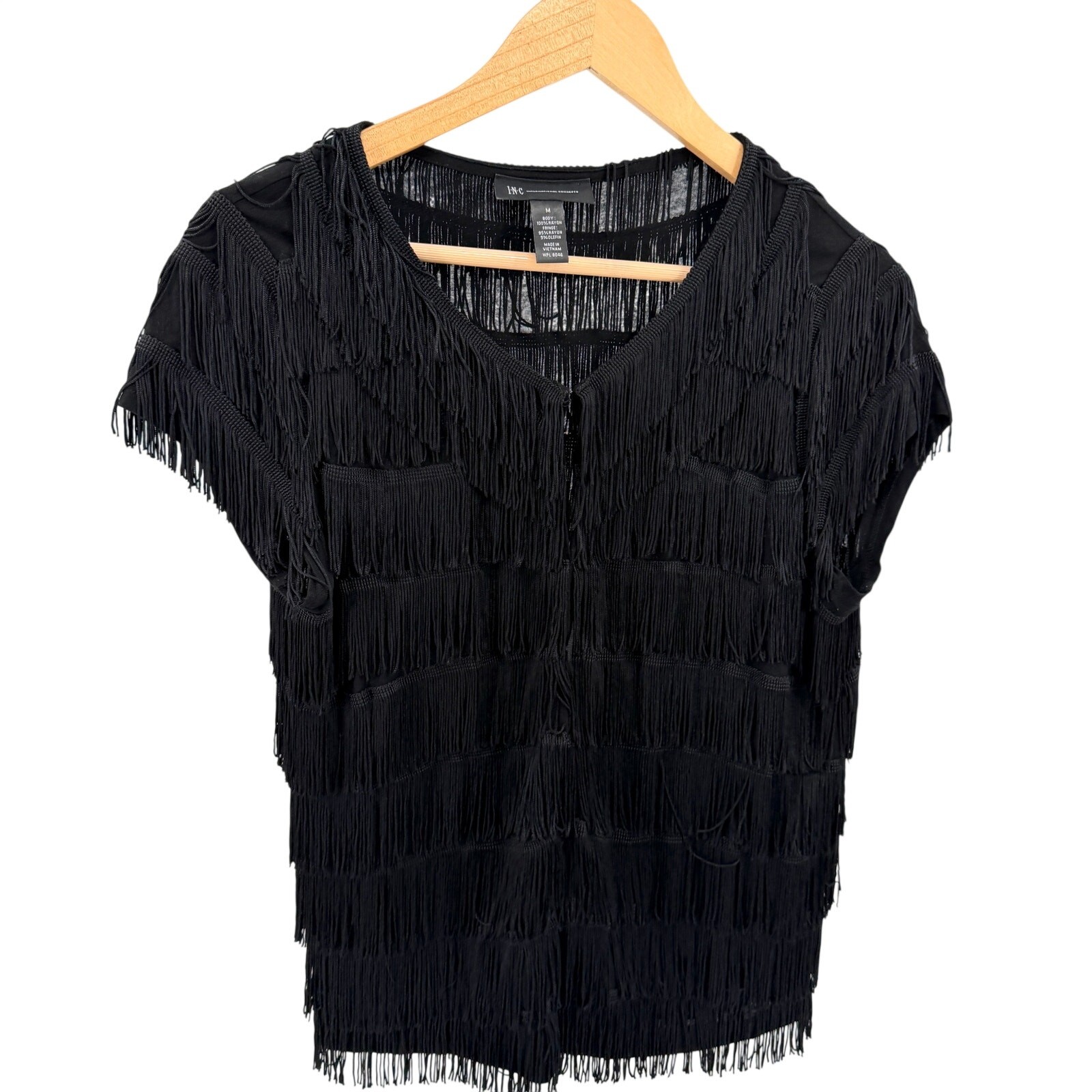 Vintage Y2K INC Black Flapper Tiered Fringe Hook Front Cardigan Top
