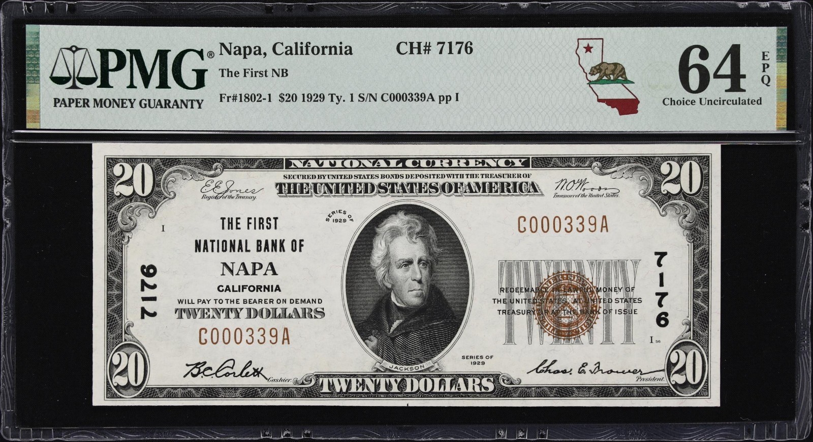 $20 1929 The First National Bank of Napa, California CH 7176 PMG 64 EPQ $20 1929 The First National Bank of Napa, California CH 7176 PMG 64 EPQ