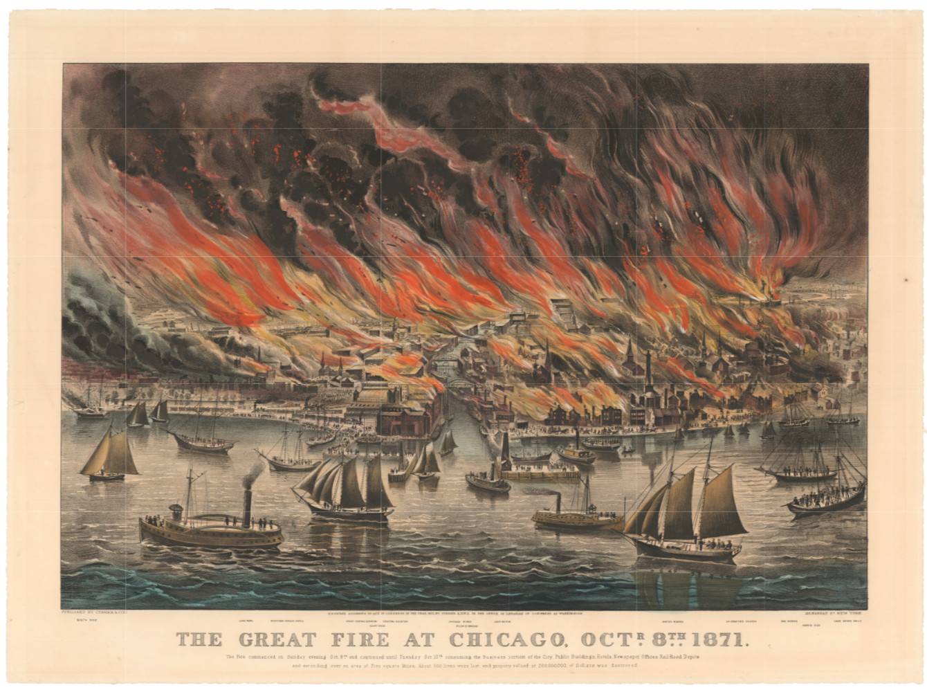 1871 Currier & Ives Lithograph \'The Great Fire at Chicago\'