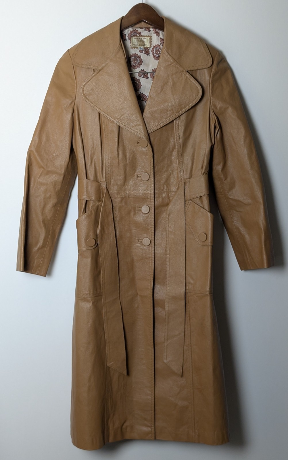 Vintage Mexican Genuine Leather Trench Coat Tan Belted Acetate Lining Size Small
