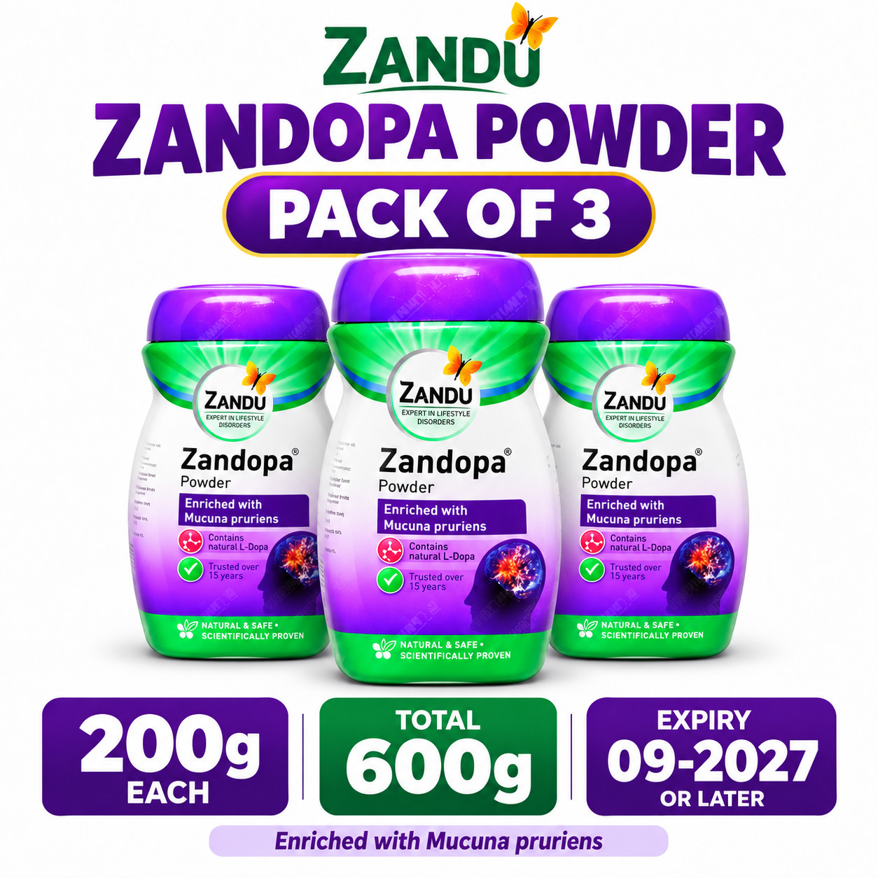 Zandu Zandopa Powder 200g x3 Mucuna Pruriens Herbal Ayurvedic600g Exp 09/2027+