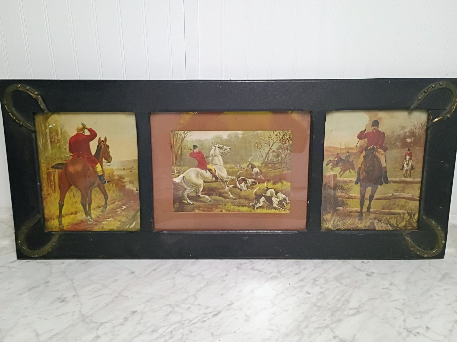Antique c.1910 TRIPTYCH Equestrian English Fox Hunt 38 X 15.5 Hand-Nailed Frame Antique c.1910 TRIPTYCH Equestrian English Fox Hunt 38 X 15.5 Hand-Nailed Frame