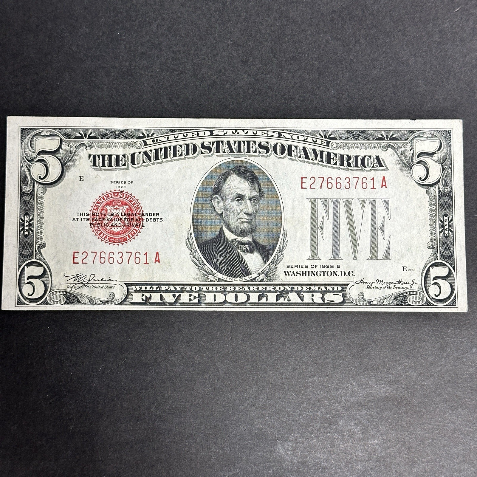 1928 B  $5.00 United States red seal legal tender note Fr. 1527  choice CU