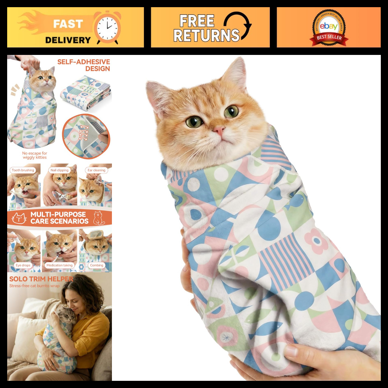 Cat Grooming Wrap for Nail Clipping & Medicine, Anti-Escape Calming Swaddle, 27.