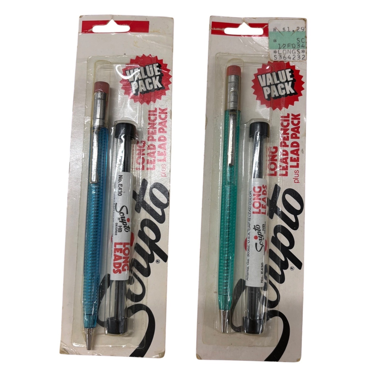 Vintage Scripto B319 Mechanical Pencil 2 Pack Long Lead HB Blue Teal USA Made