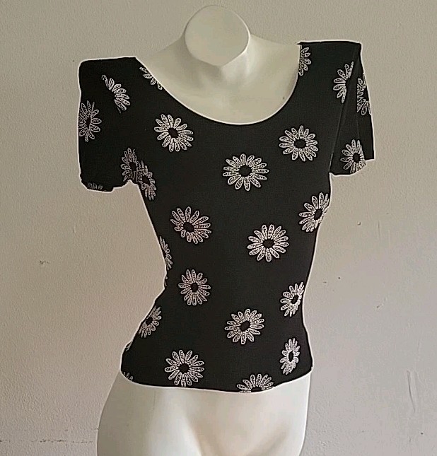 Together Vintage 90s Mesh Top Small Allover Daisy Flowers Scoop Neck Mod Retro