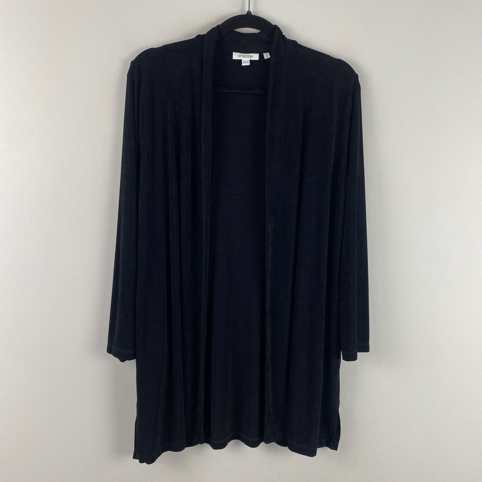 Chicos Travelers Jacket Size 1 US Medium Black Slinky Knit Open Front Pockets