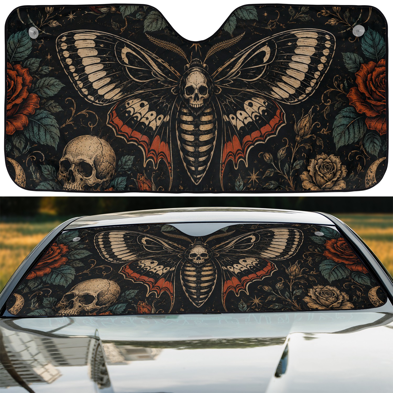 Gothic Death Moth Windshield Sun Shade, Dark Botanical Car Sunshade