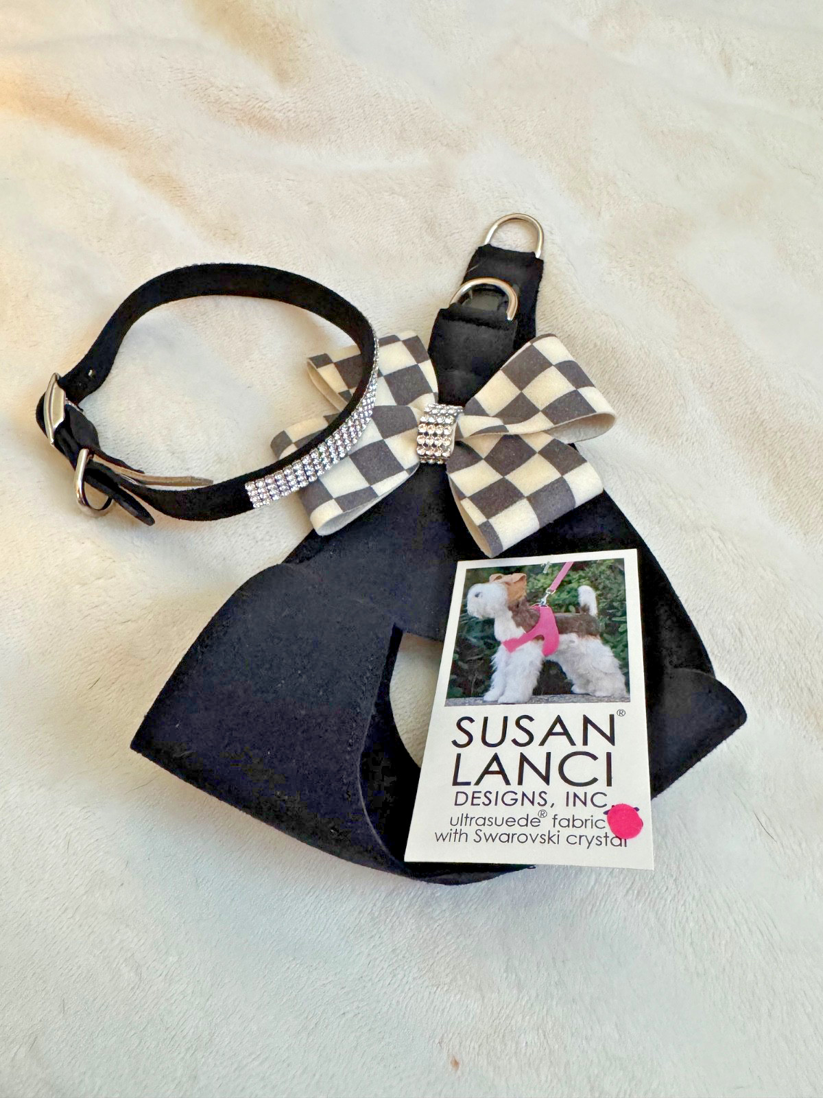 NWT Susan Lanci Black/Checkered Ultrasuede Harness & Collar w/Swarovski Crystals