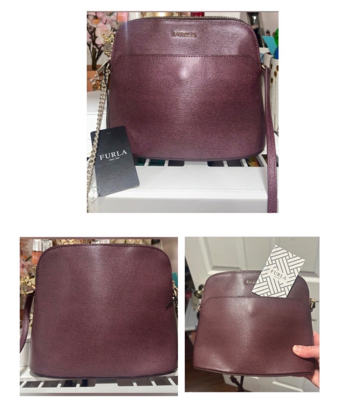 Furla Atena Small Dome Crossbody Saffiano Leather Plum. NWT. COA Included.