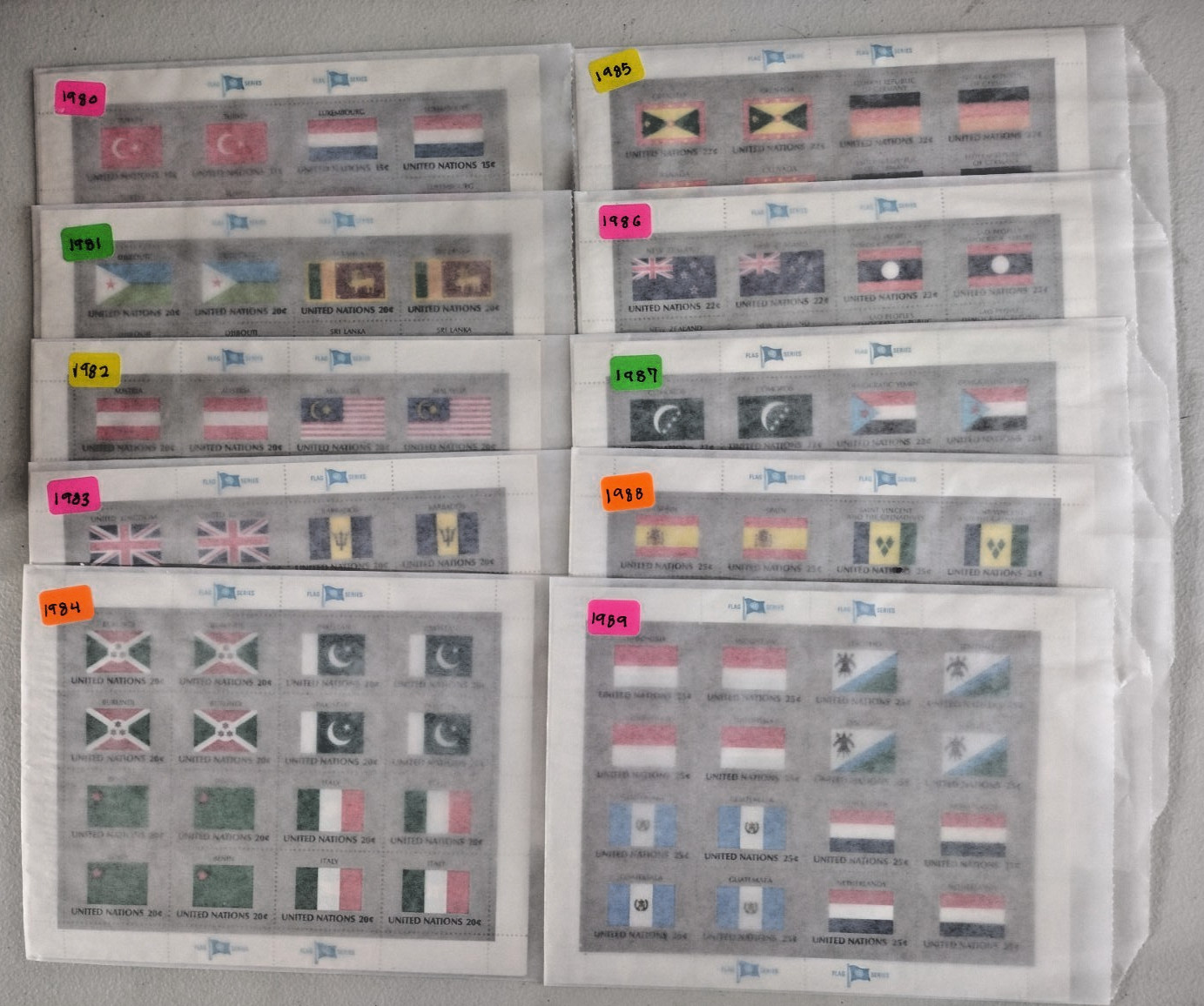 UN 1980-1989 FLAGS NY United Nations 10 Complete Years 40 MNH Sheets UN 1980-1989 FLAGS NY United Nations 10 Complete Years 40 MNH Sheets
