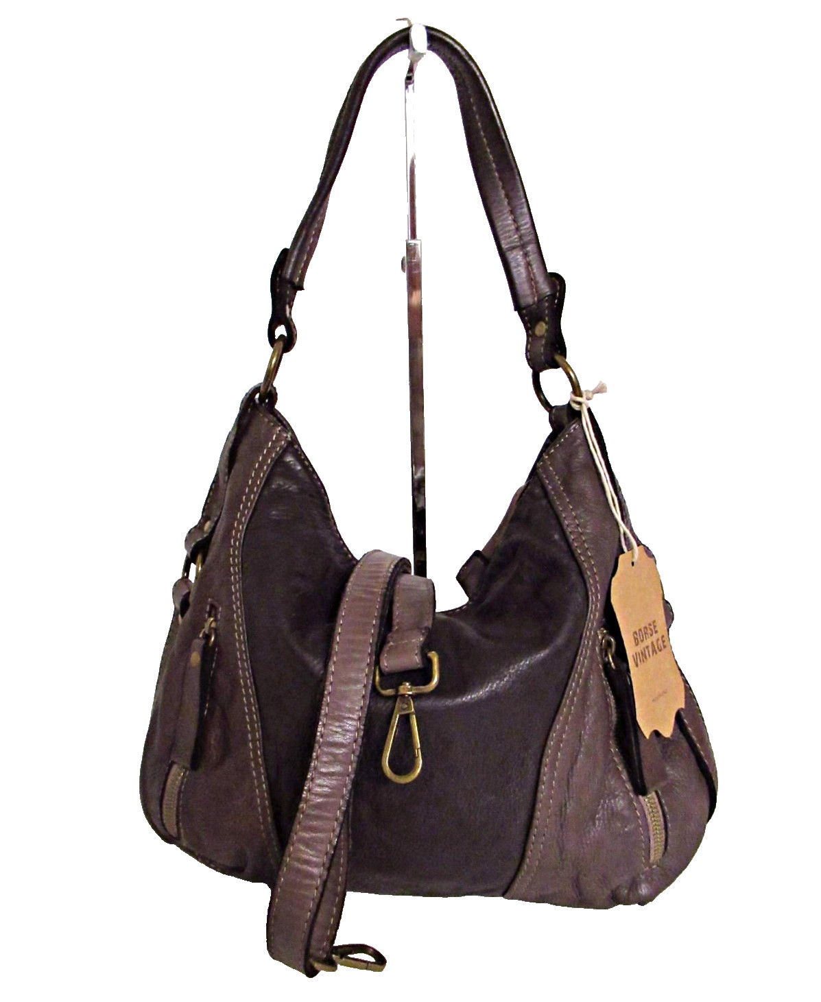 ITALIAN VINTAGE-WASHED CALF LEATHER LARGE SHOULDER HOBO BAG - MADE IN ITALY