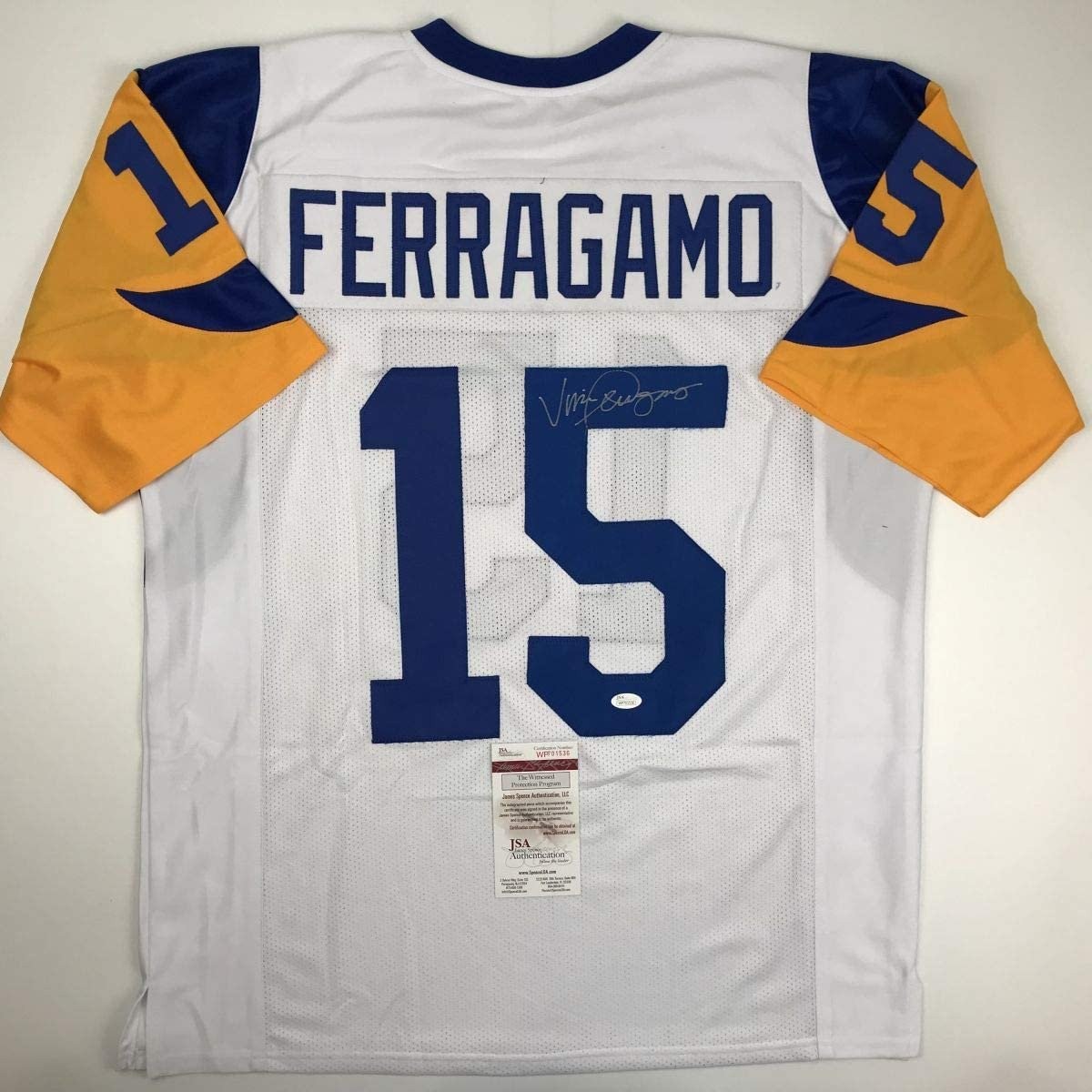 Autographed/Signed Vince Ferragamo Los Angeles LA White Jersey JSA COA Autographed/Signed Vince Ferragamo Los Angeles LA White Jersey JSA COA