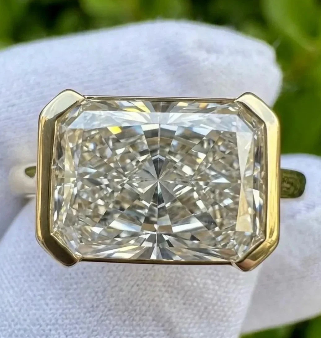 5Ct Radiant Cut Moissanite Half Bezel Set Engagement Ring 14k Yellow Gold Plated