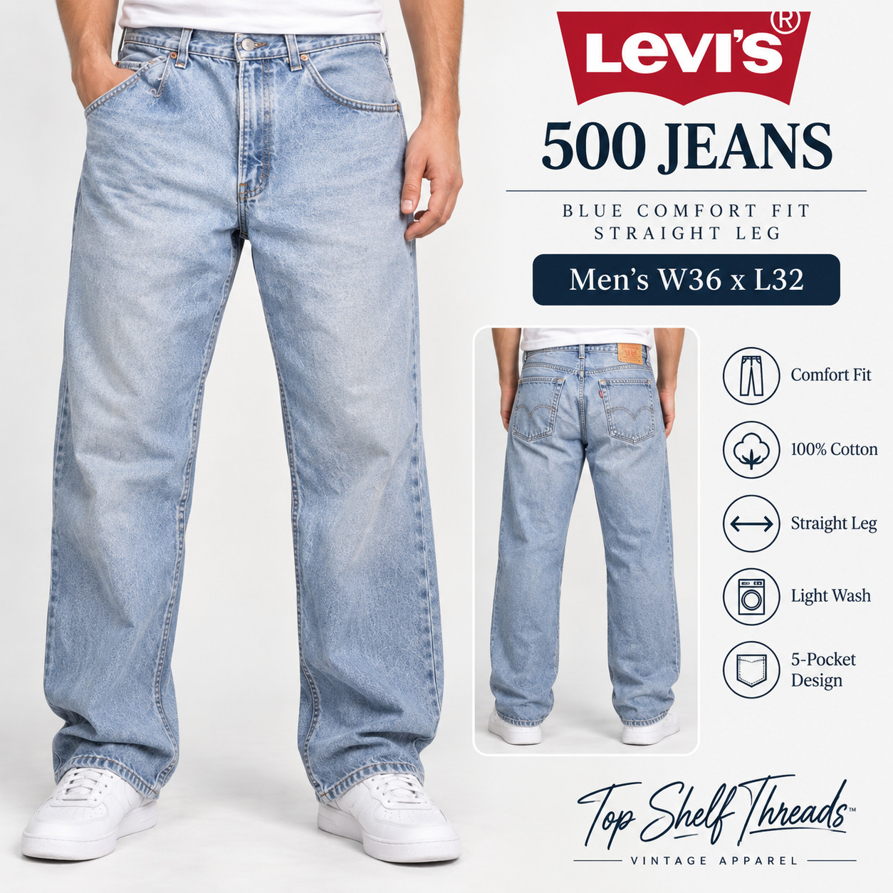 Levi\'s 500 Basic Comfort Fit Jeans Men W36 L32 Light Wash Relaxed Straight Denim