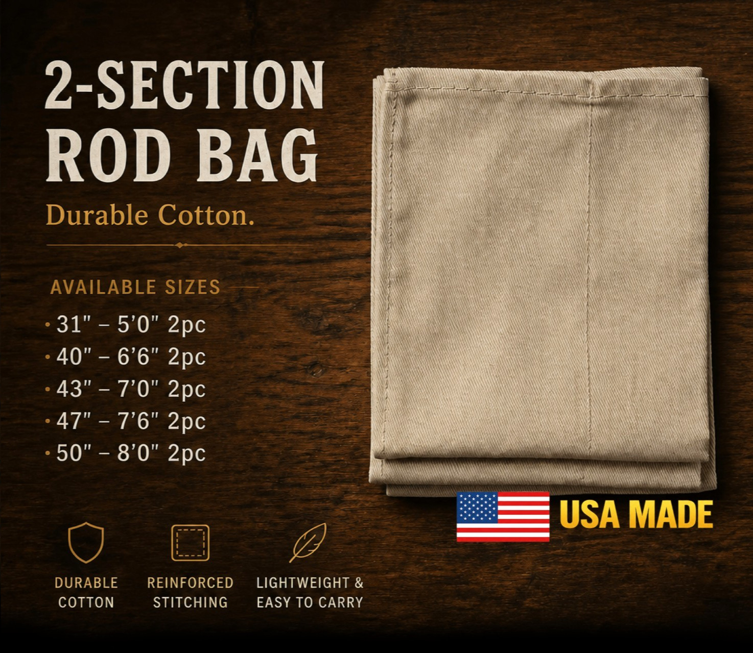 Khaki Cloth Rod Bag – Fits 2pc Fly Rods - Fly Rod Sock - 5 sizes - USA Khaki Cloth Rod Bag – Fits 2pc Fly Rods - Fly Rod Sock - 5 sizes - USA