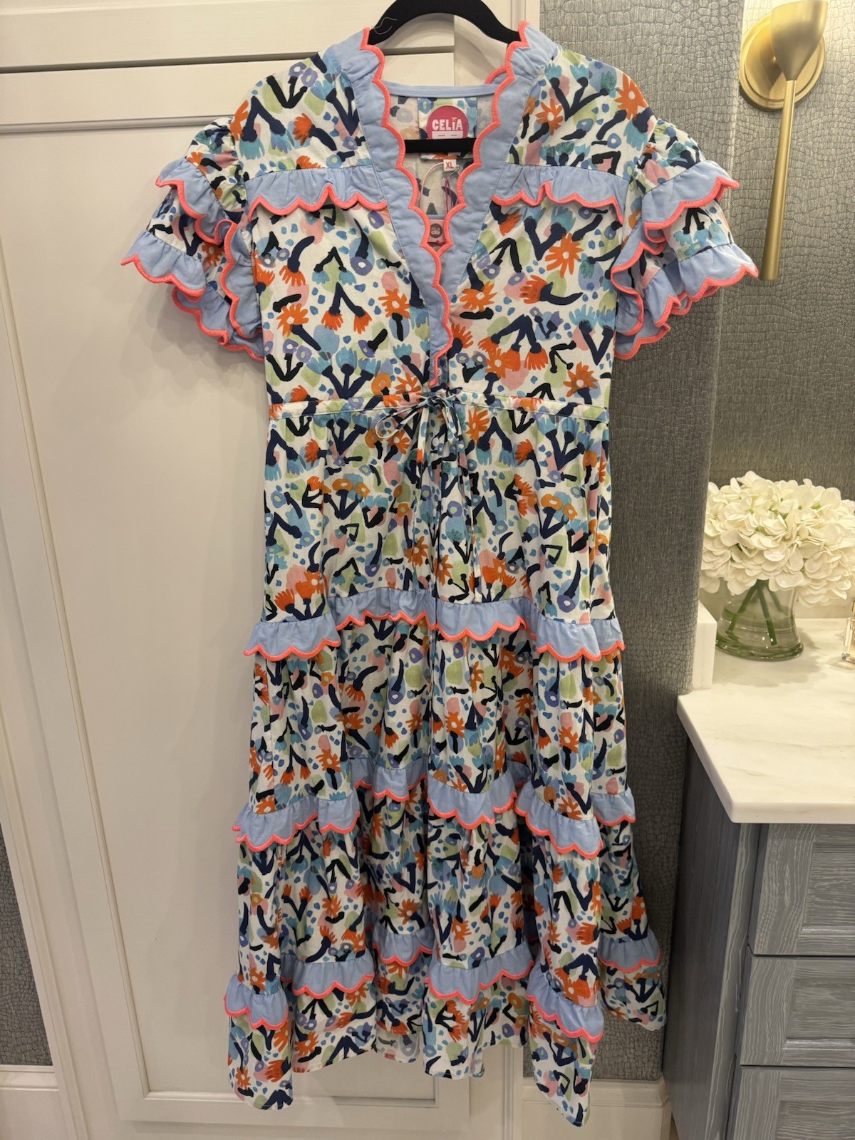 NWT Celia B Caspio Shirt Dress Tie Waist Flutter Sleeve Tiered Ruffle Pockets XL NWT Celia B Caspio Shirt Dress Tie Waist Flutter Sleeve Tiered Ruffle Pockets XL