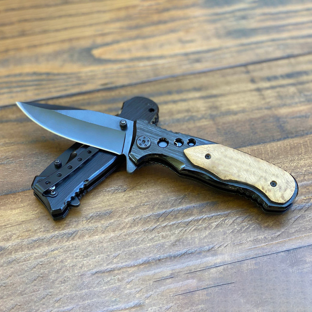 Pocket Hunting Knife Tactical Folding Personalized Gift for Men Wood Handle
