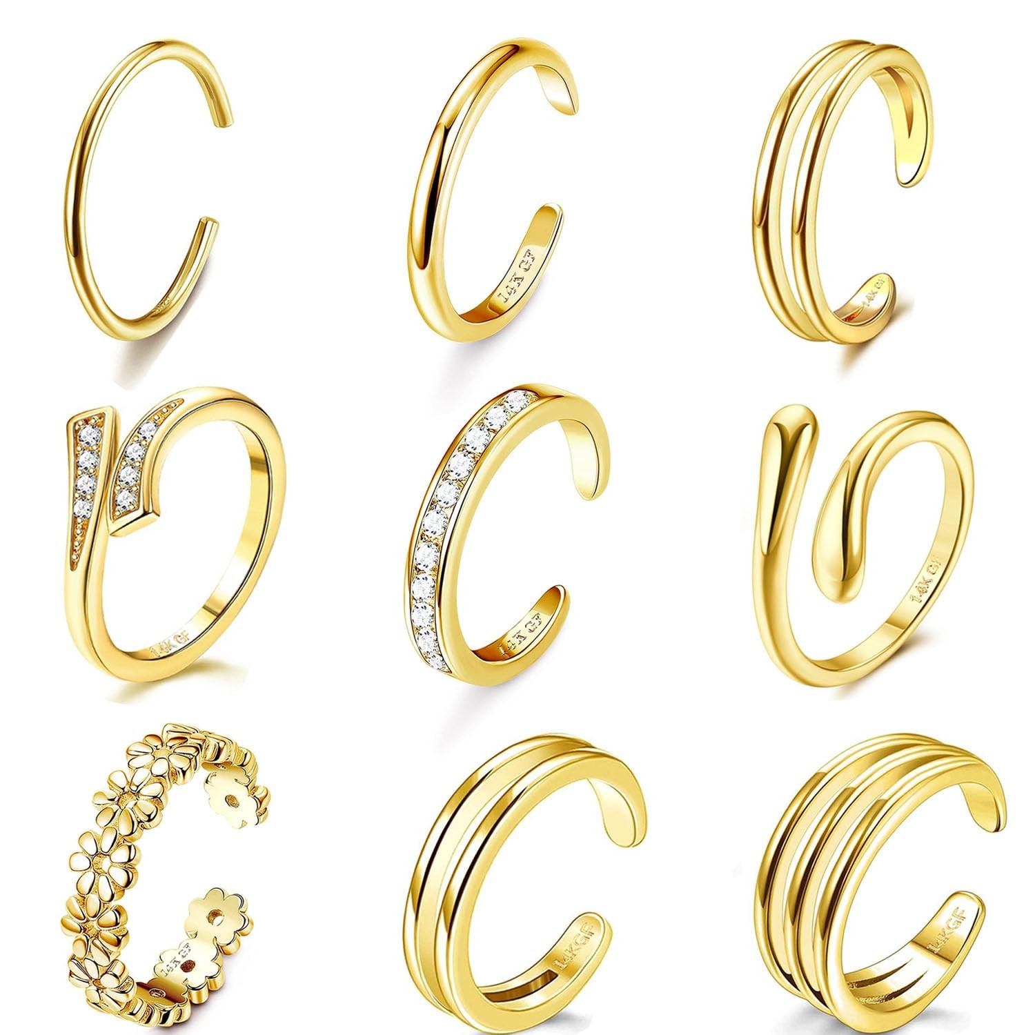 9Pcs 14K Gold Filled Toe Rings for Women Non Tarnish Adjustable Gold CZ Flower H