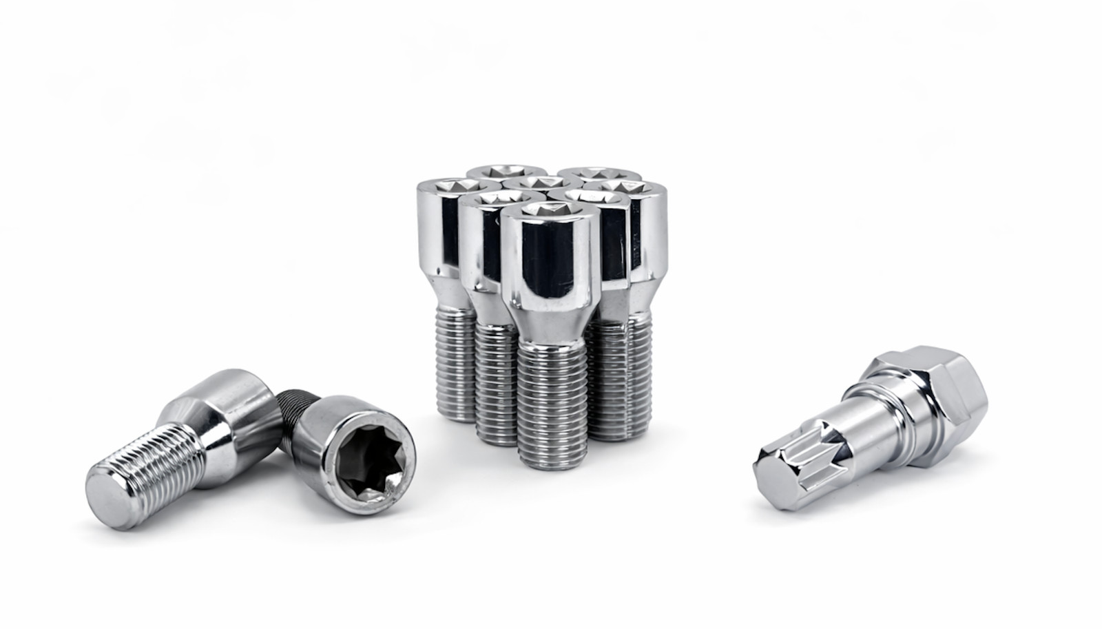 20 Pcs 12x1.5 Chrome Tuner Lug Bolts Acorn Seat 28mm Shank With 8 Point Star Key 20 Pcs 12x1.5 Chrome Tuner Lug Bolts Acorn Seat 28mm Shank With 8 Point Star Key