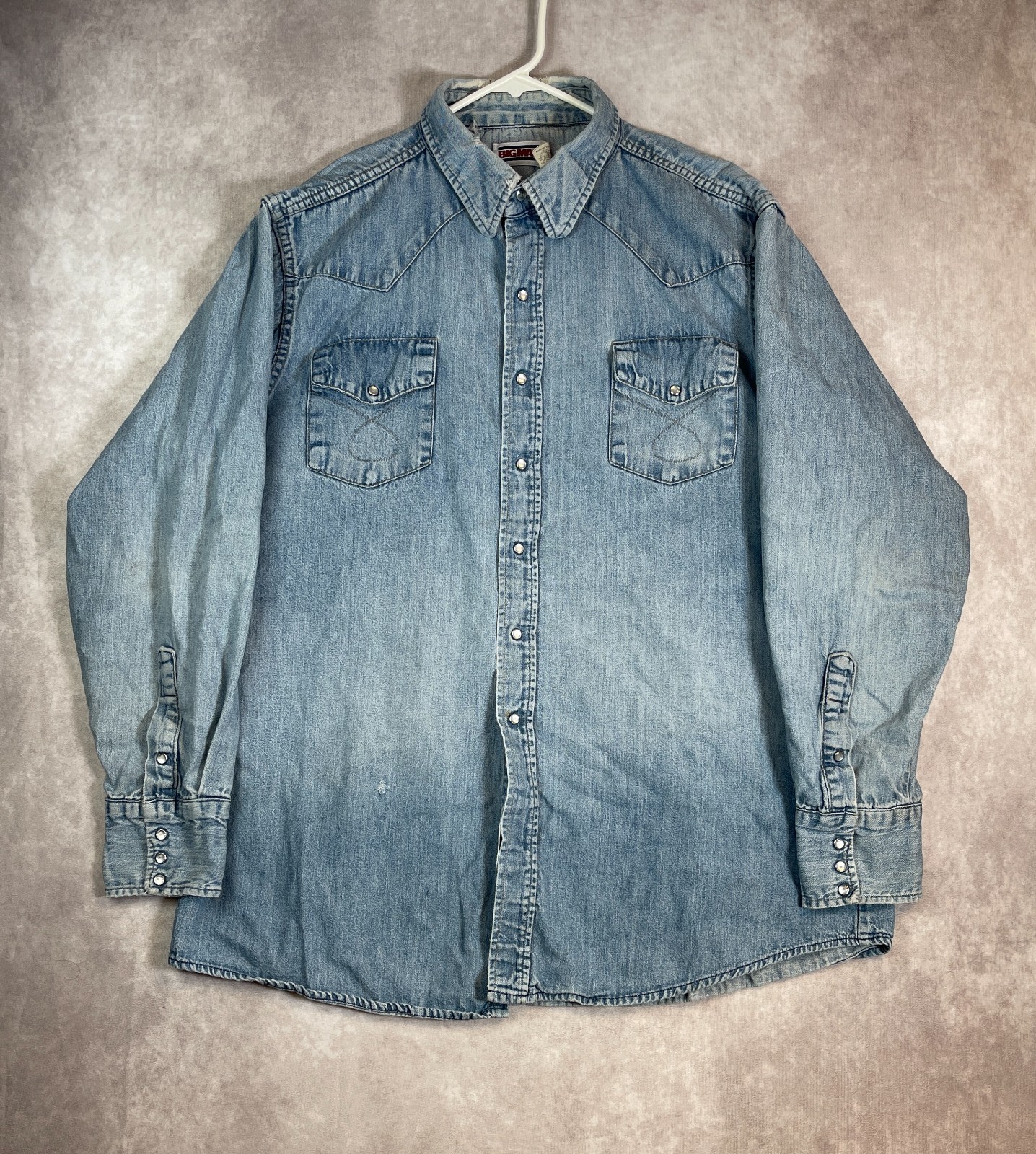 VINTAGE Big Mac Denim Shirt Mens 2XL Blue Long Sleeve Pearl Snap Faded 70s USA