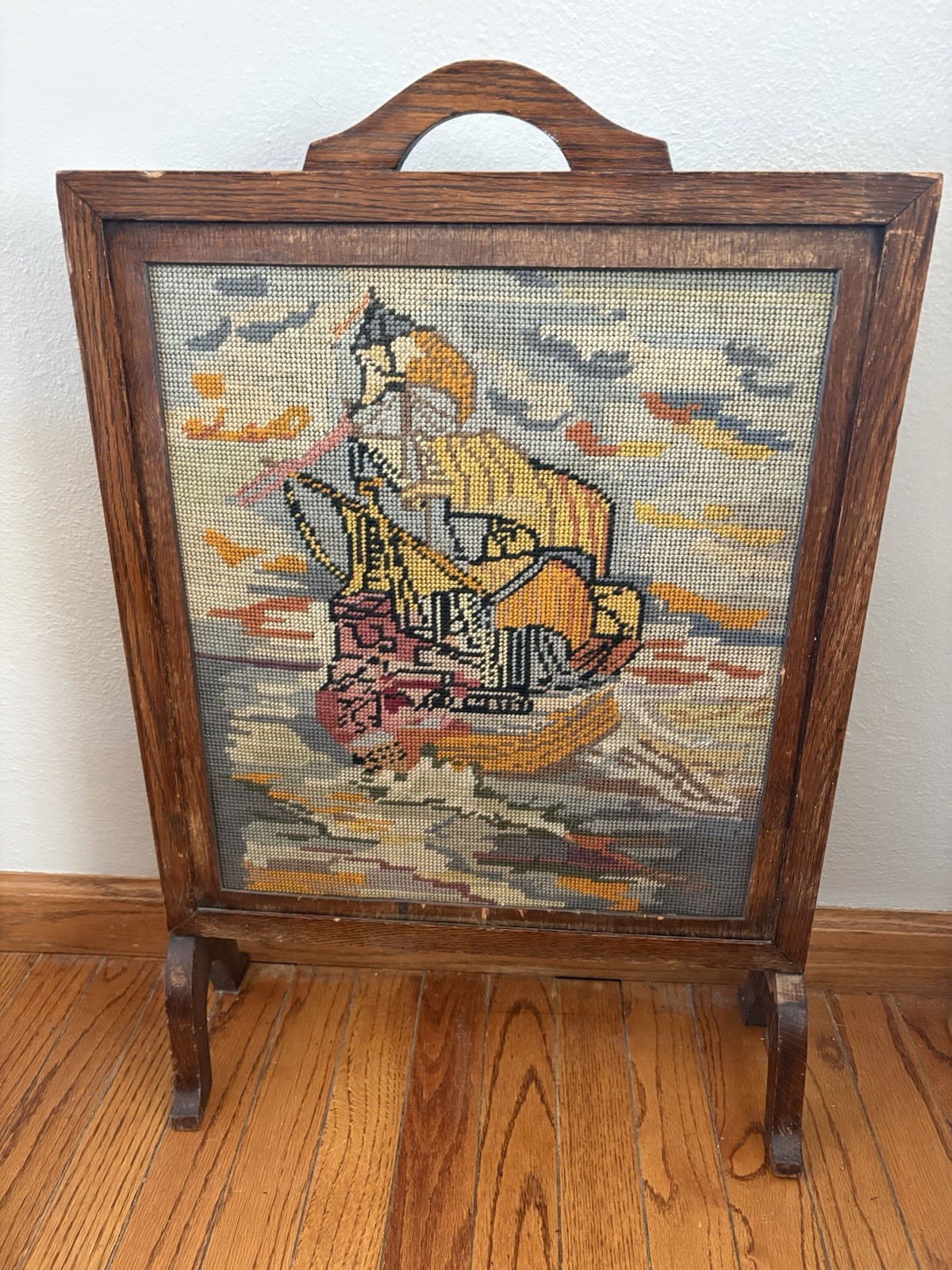 Vintage 1930s Mission Oak Fireplace Screen Nautical Ship Needlepoint Free Stand