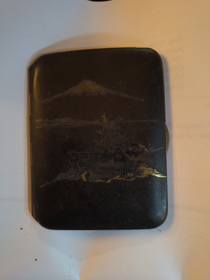 Antique Meiji Damascene Cigarette Case Mt. Fuji K24 Inlay Japan #006