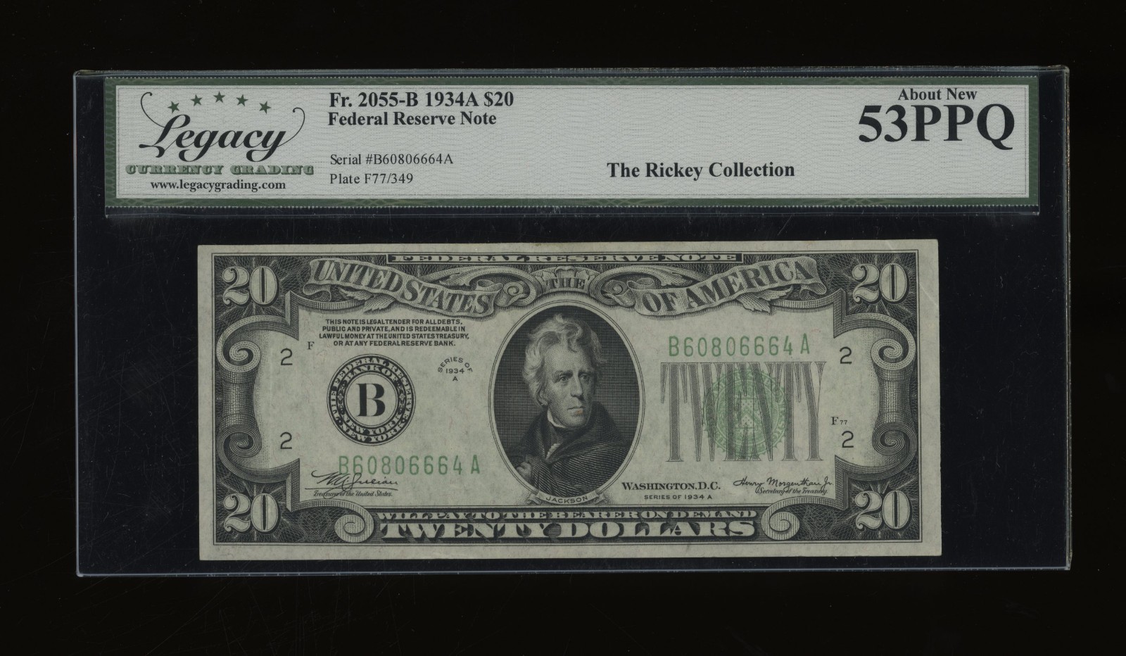 DBR 1934-A $20 FRN New York Fr. 2055-B Legacy 53 PPQ Serial B60806664A