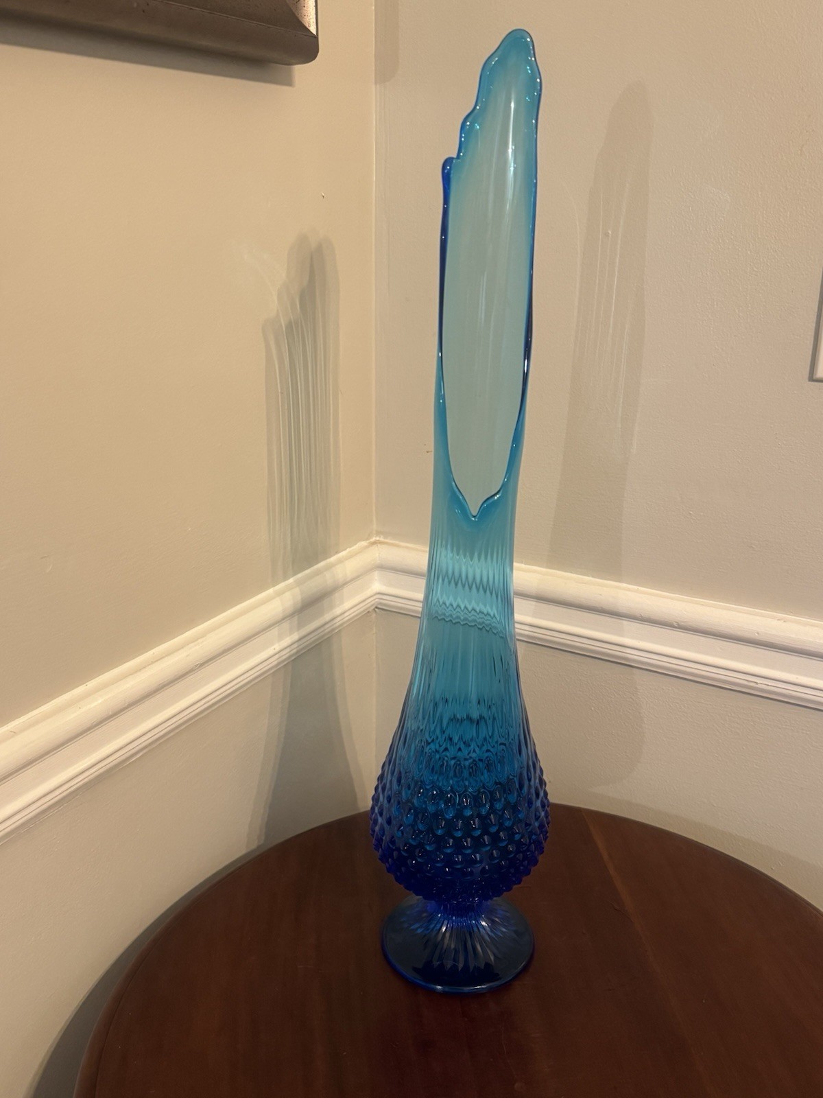 Mid-Century Tall Pedestal Fenton Colonial Blue Hobnail Swung Glass Vase
