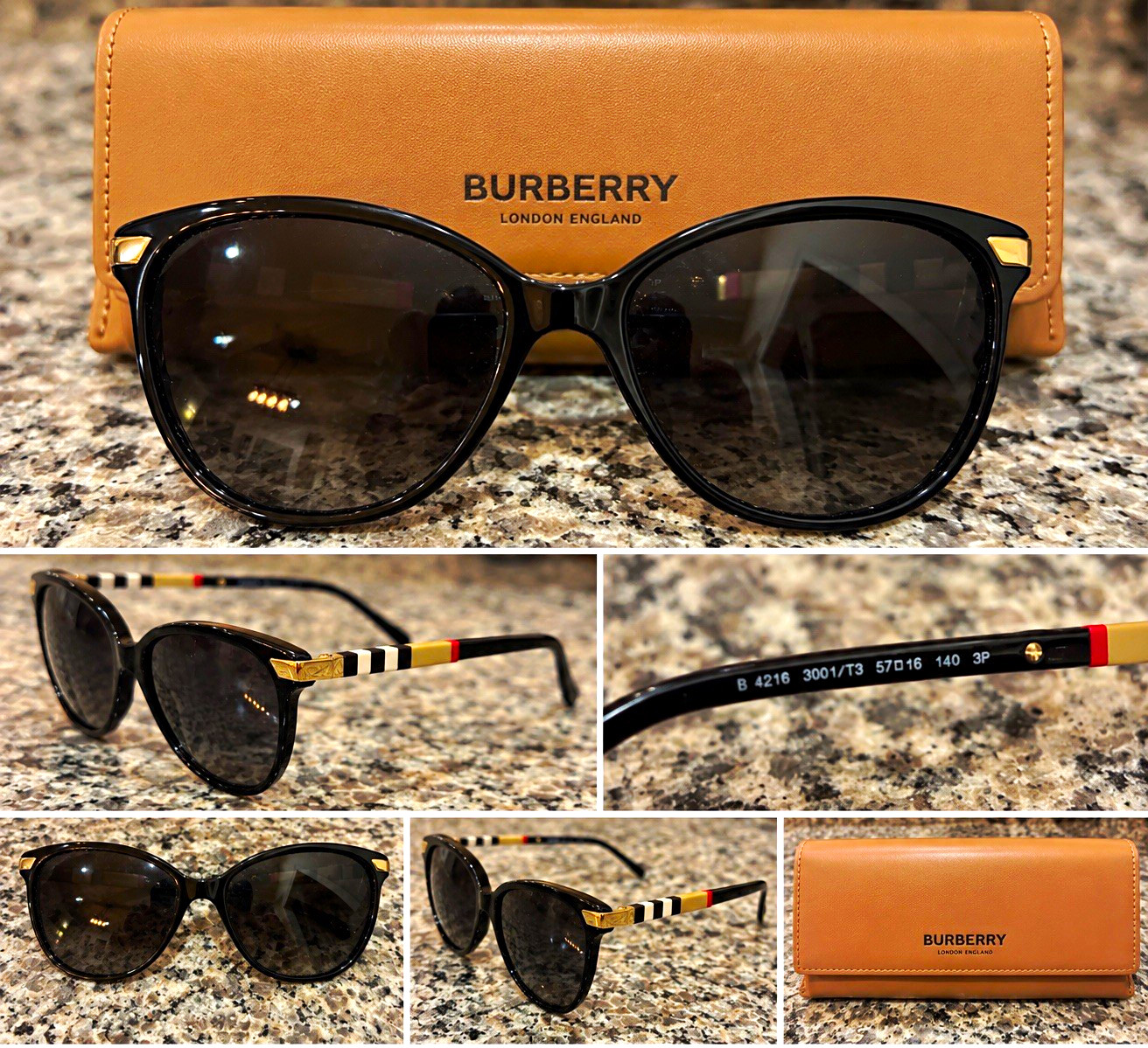 Burberry BE4216 3001/T3 Polarized Sunglasses Black 57mm w/ Case Womens Cat Eye
