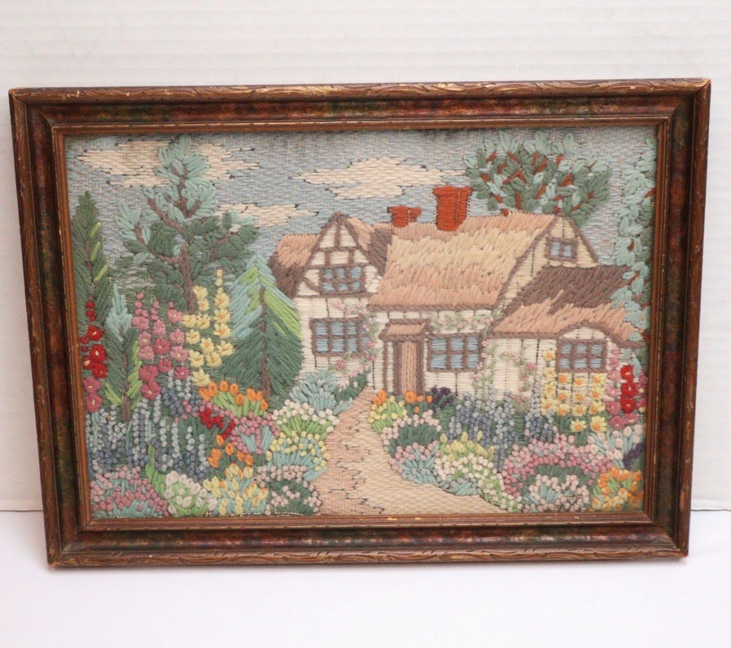 Antique Handmade Framed Crewel Embroidery English Flowers Cottage Garden Art Antique Handmade Framed Crewel Embroidery English Flowers Cottage Garden Art
