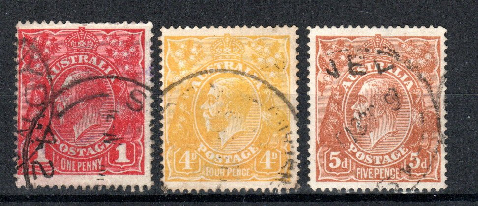 Australia 1914-20 1d, 4d and 5d Sideface values SG 21, 22b and 23 FU CDS