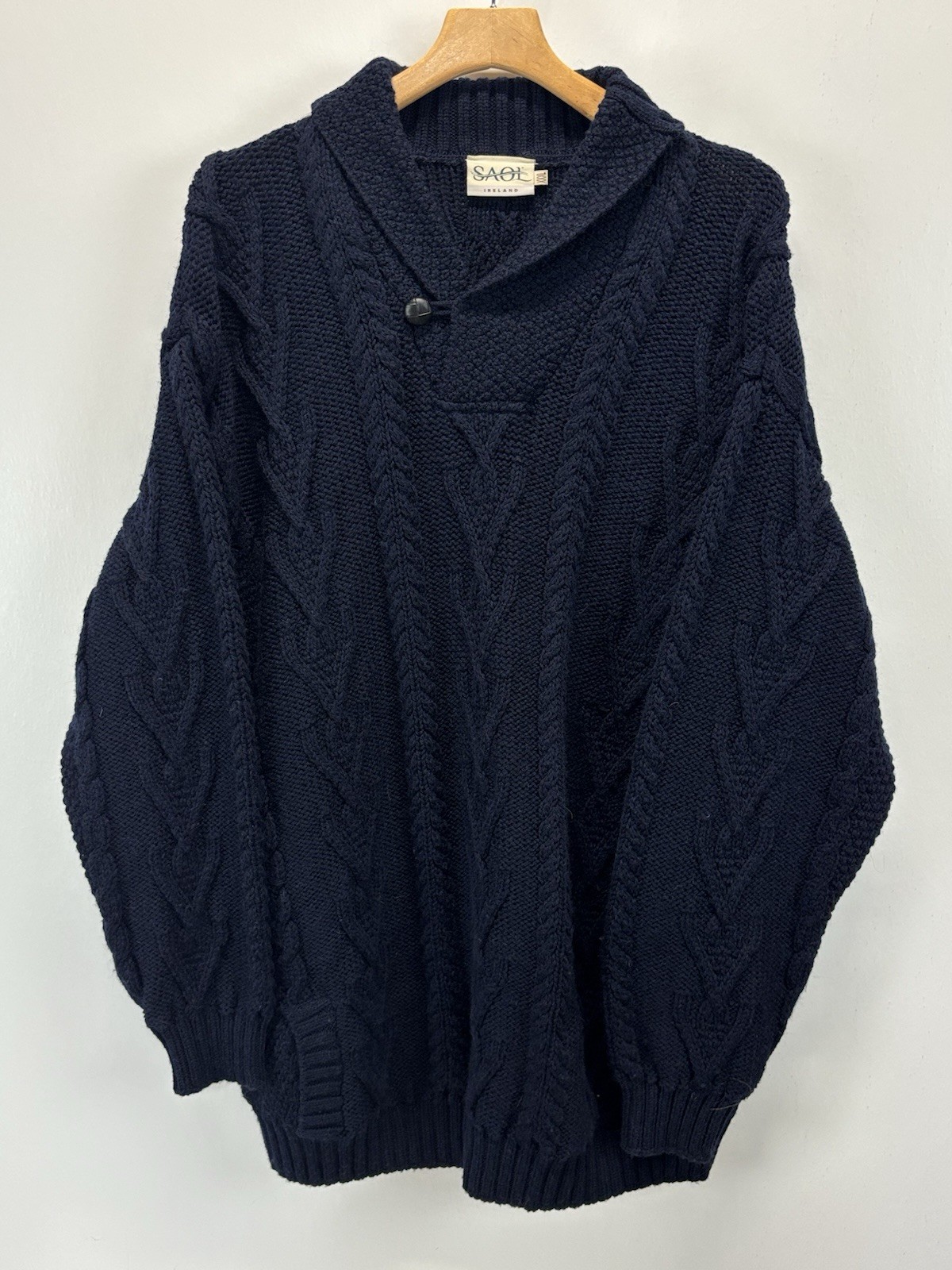 Saol 100% Wool Fisherman Knit Sweater Mens XXXL 3XL Blue Cableknit Ireland Shawl Saol 100% Wool Fisherman Knit Sweater Mens XXXL 3XL Blue Cableknit Ireland Shawl