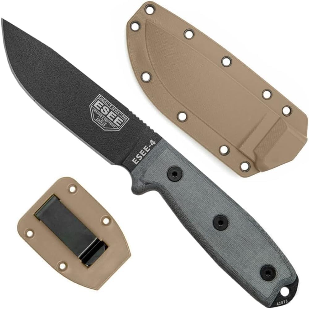 ESEE 4 Coyote Brown Sheath 4.5in 1095 Black Fixed Blade Micarta USA ESEE-4P