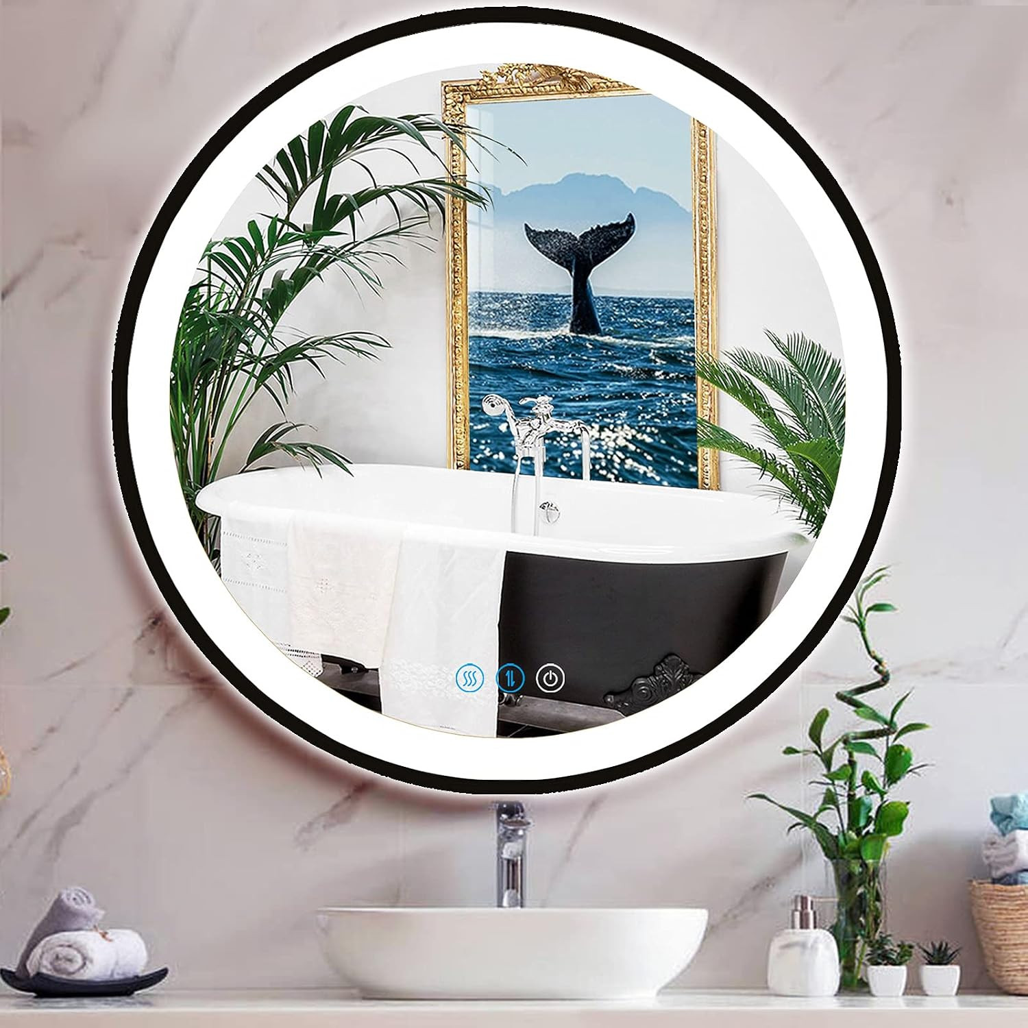 30 Inch Black Frame Bathroom round Lighted Vanity Mirror with Lights for Bathroo