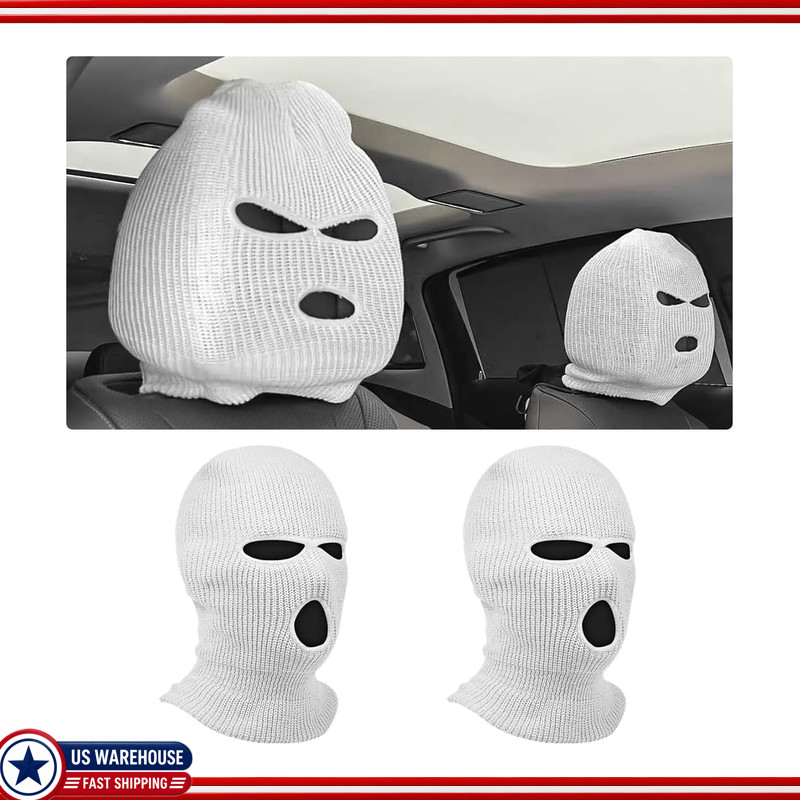 2 PCS Funny 3-Hole Car Headrest Cover, Full Face Ski Mask Wrap FrontColor: White