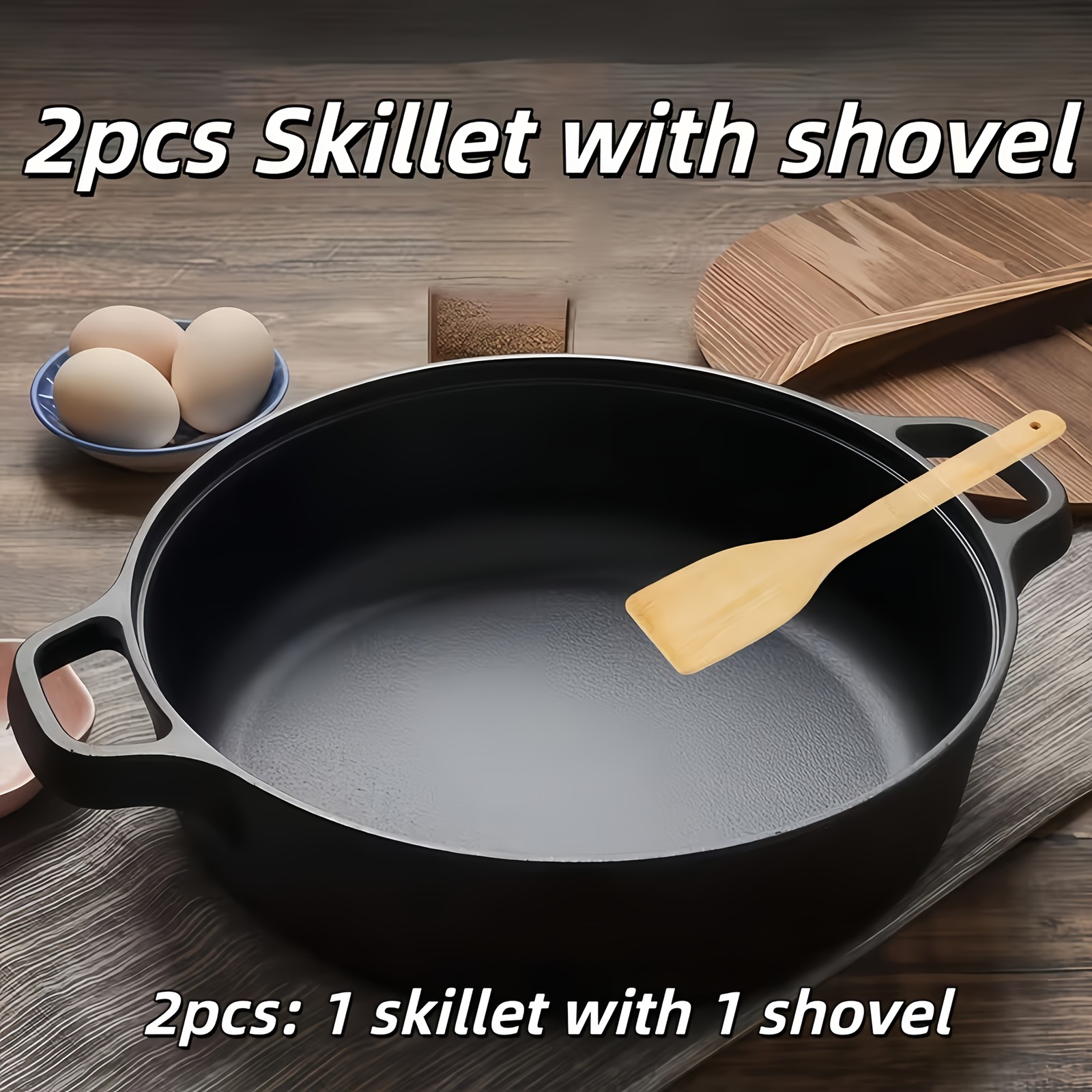 2pcs Deep Cast Iron Skillet with 2 Handles and Shovel, Flat Bottomed Frying Pan 2pcs Deep Cast Iron Skillet with 2 Handles and Shovel, Flat Bottomed Frying Pan