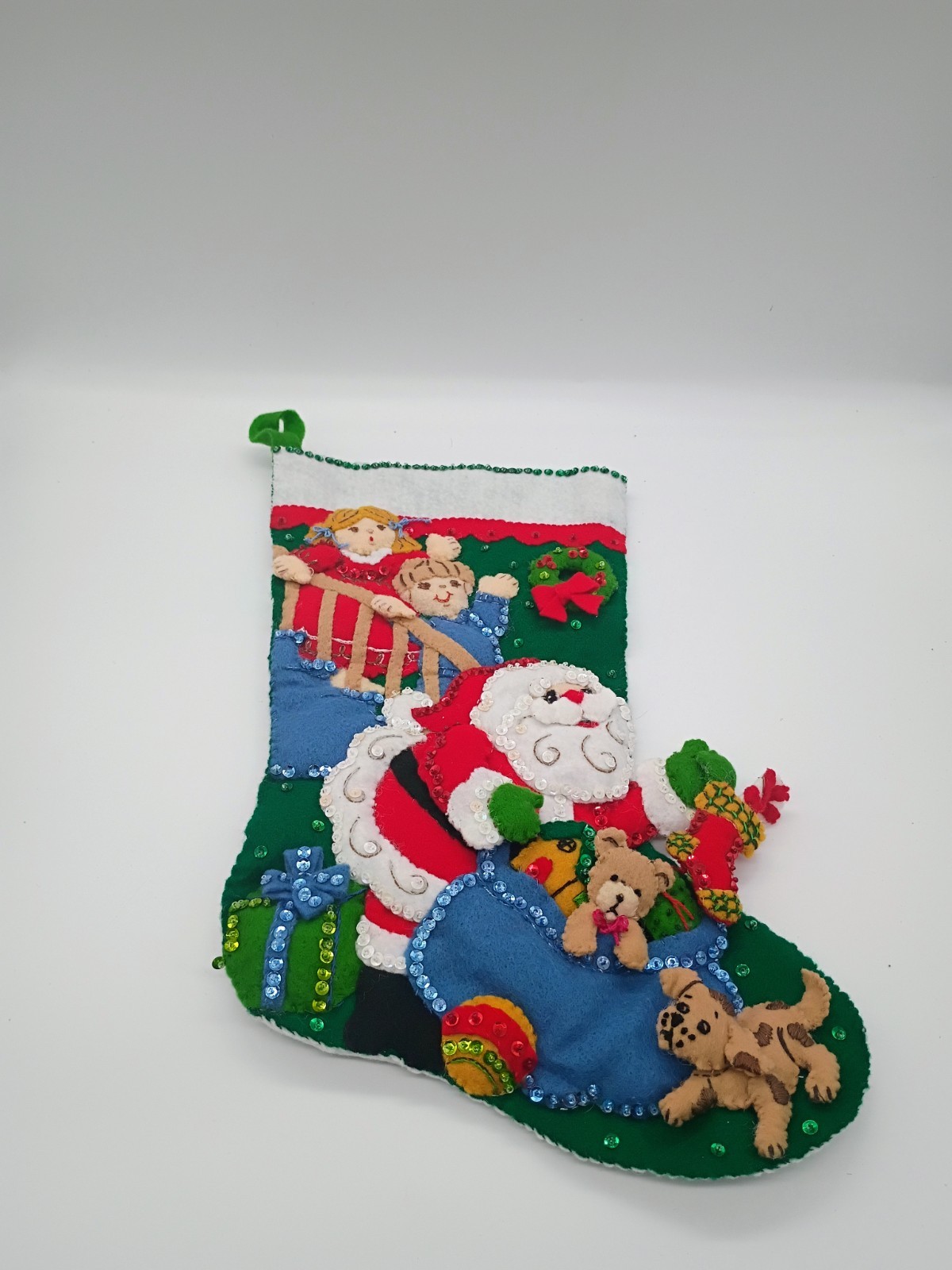 VTG Handmade Felt Santa & Toy Sack Christmas Stocking Appliqued Sequines & Beads VTG Handmade Felt Santa & Toy Sack Christmas Stocking Appliqued Sequines & Beads
