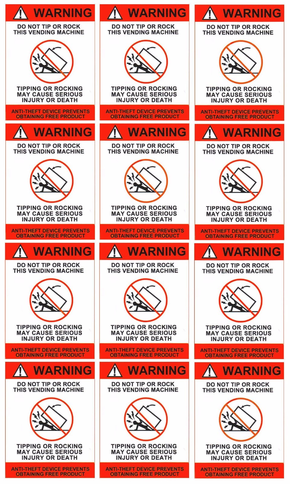 WARNING do not tip labels-Qty 12-SODA machine required safety decals WARNING do not tip labels-Qty 12-SODA machine required safety decals