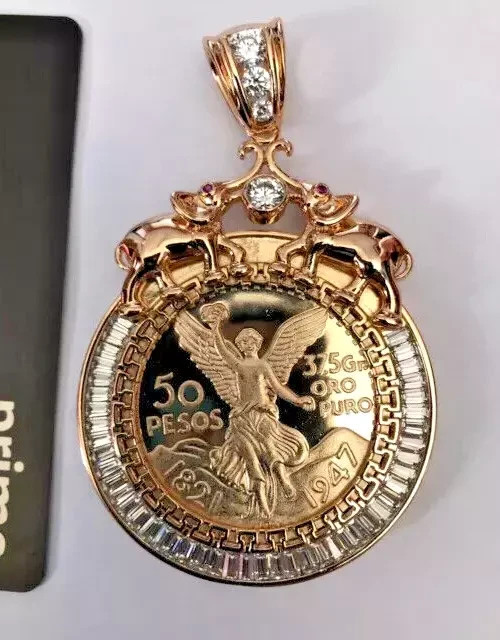 14K Yellow Gold Solid Sterling Silver Mexican Centenario Coin 50 Pesos Pendant