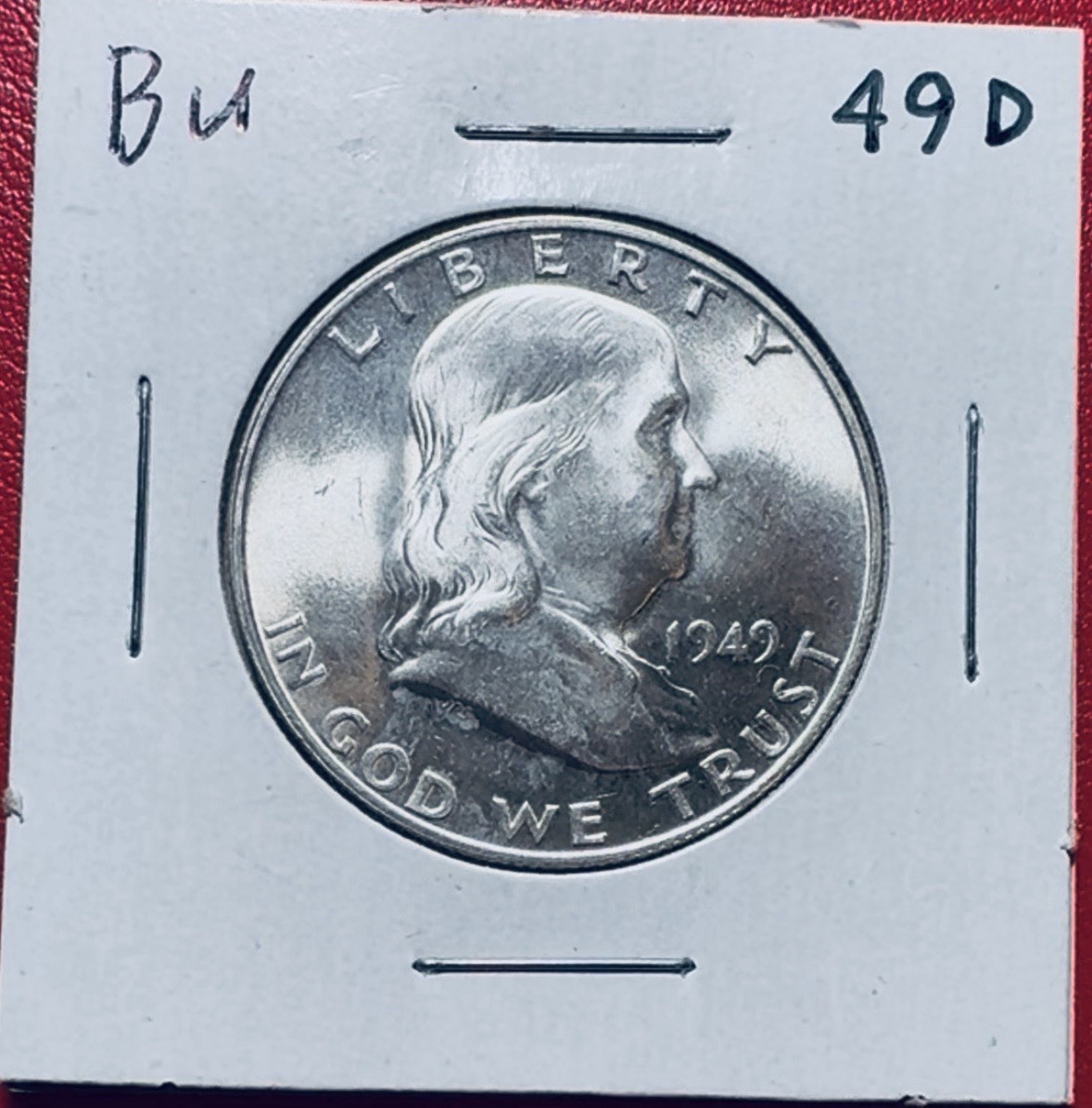 1949-D Franklin Half Dollar 90% Silver BU Condition With Clear Bell Lines.