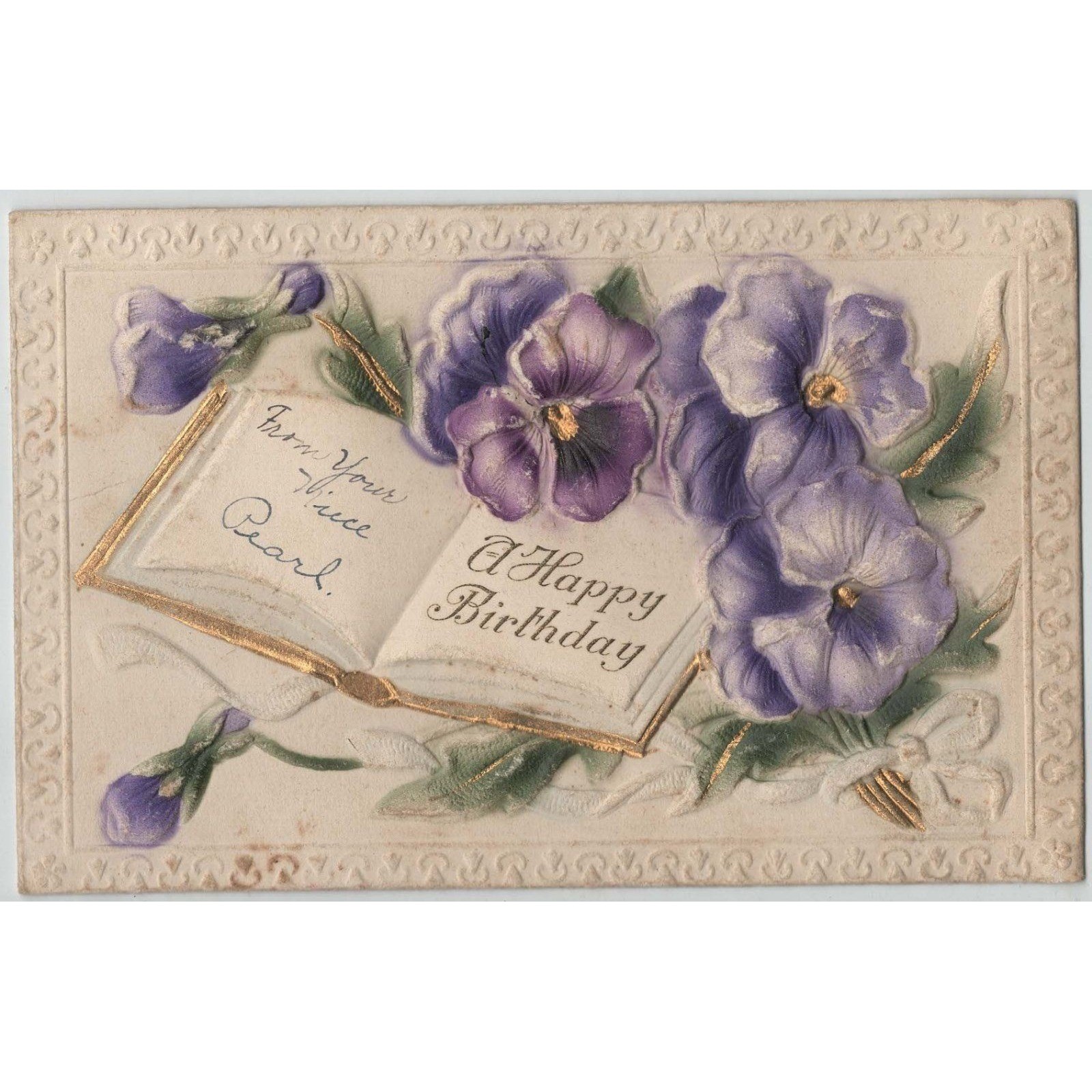 Antique 1915 Birthday Postcard Purple Pansies Embossed Gold Gilt Germany