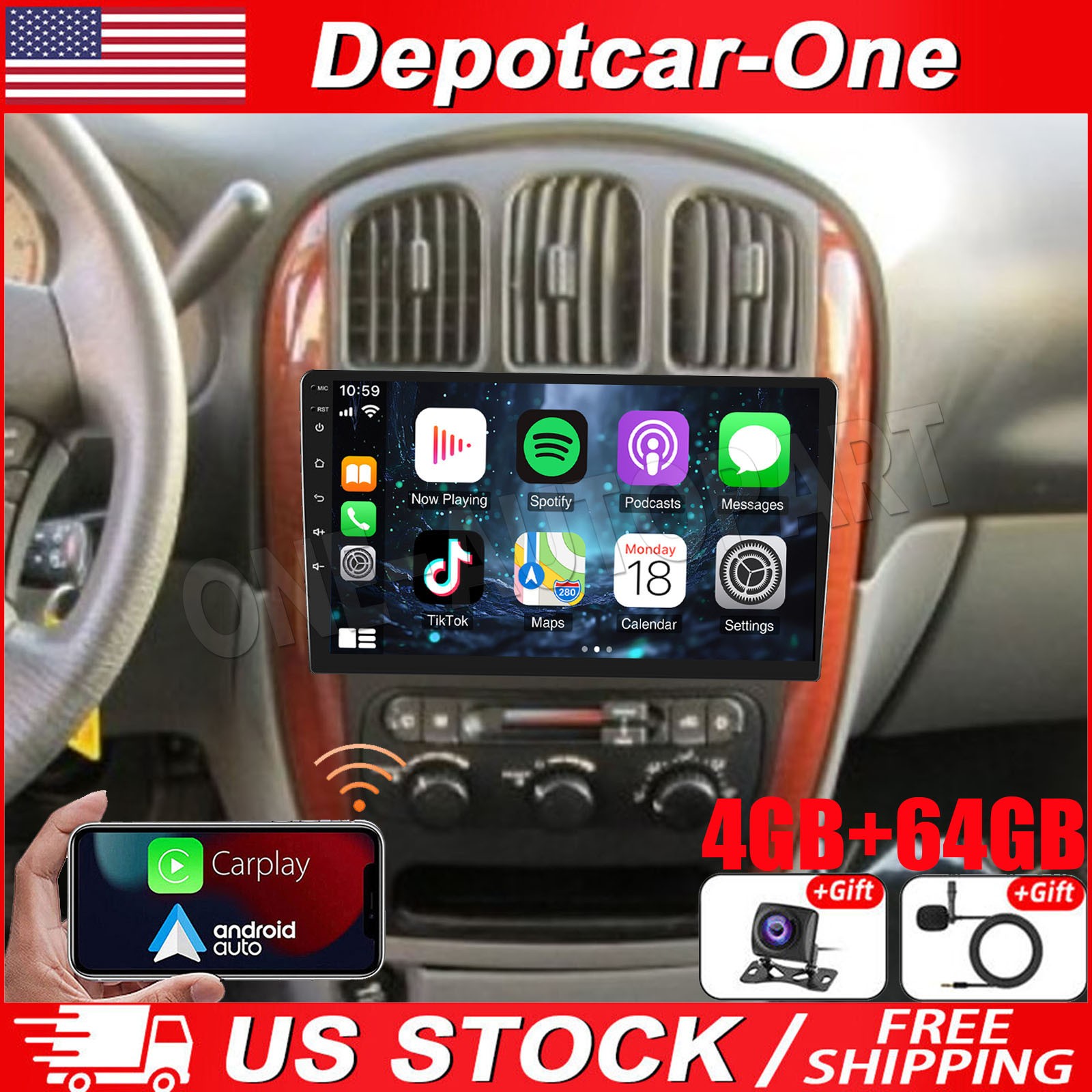 10\'\' Car Radio Stereo For Dodge Grand Caravan 2001-2007 Android 13 CarPlay GPS