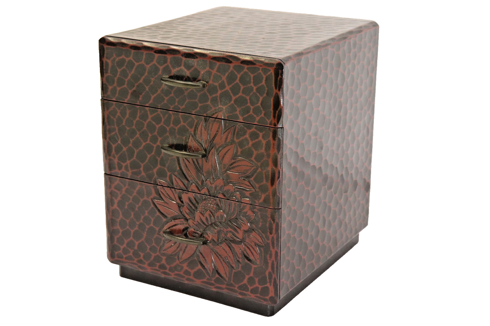 Japanese Vintage Showa Kamakura Bori Wooden Small Tansu Chest 3 Drawers Peony