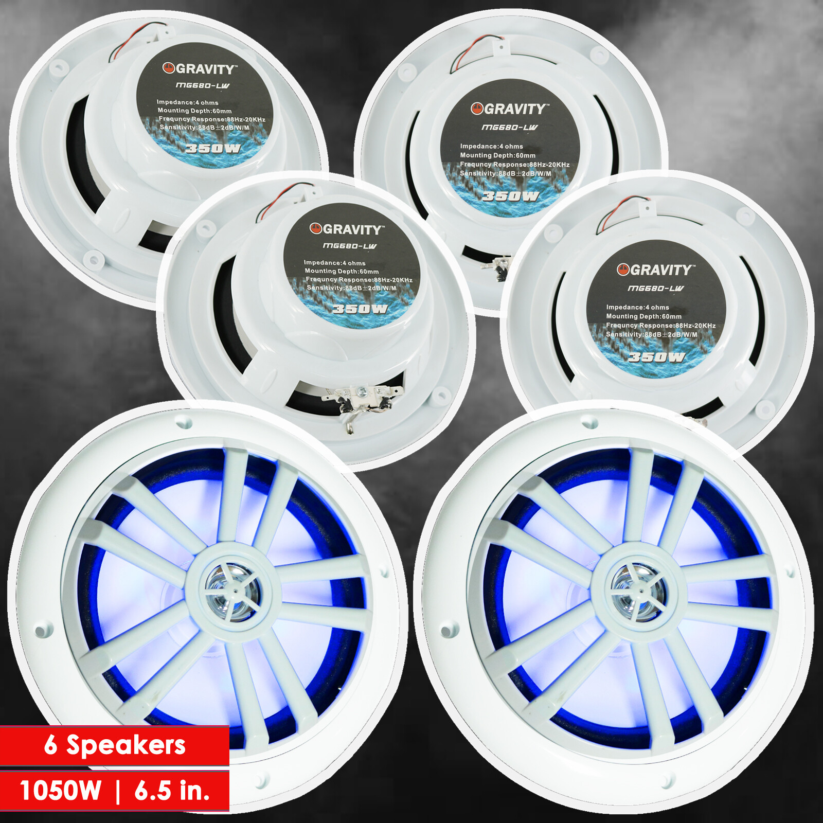 6x Gravity 2-Way 1050 WATTS Coaxial Marine Audio Speakers 6-1/2\
