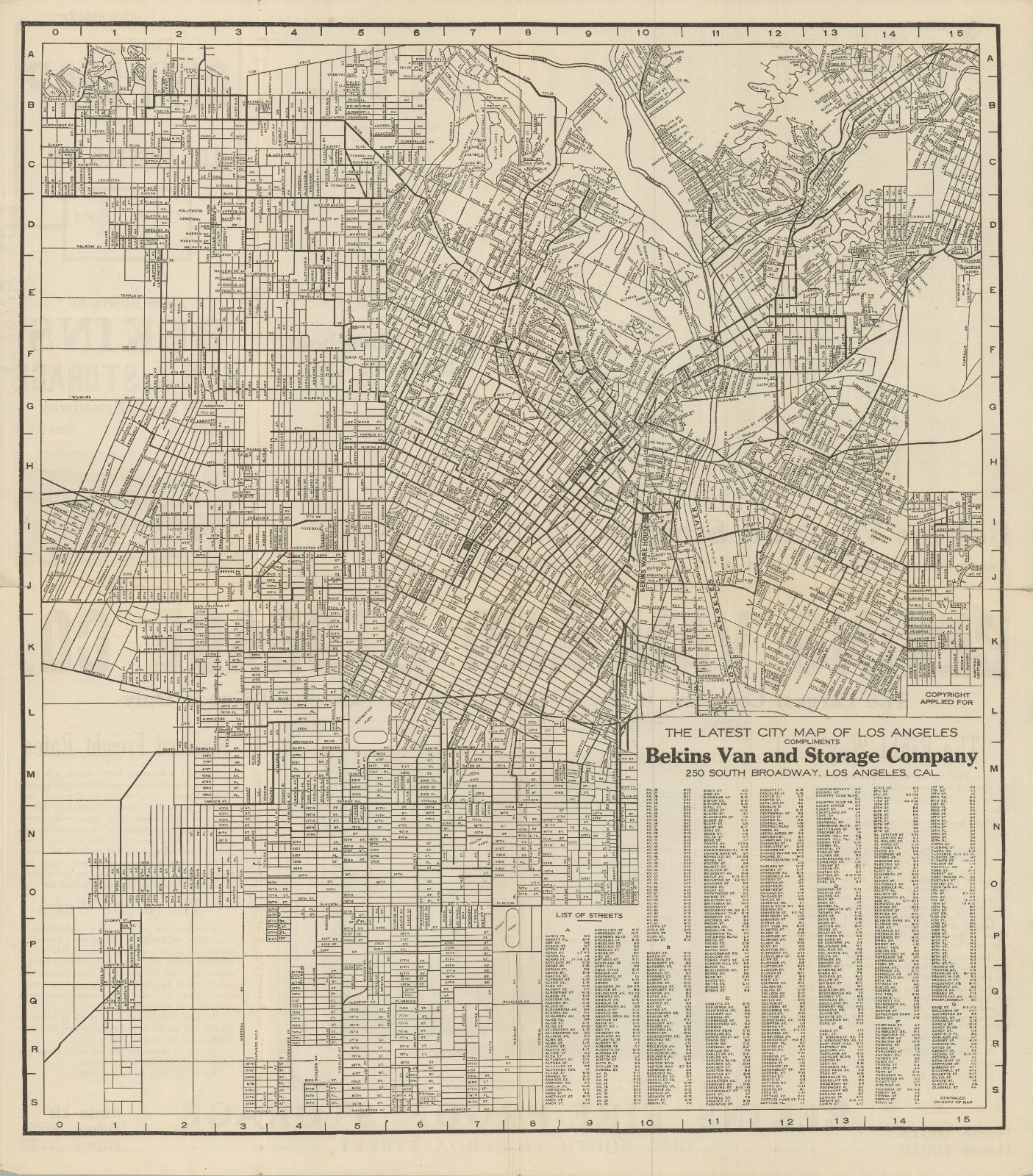 c. 1915 Bekins City Map / Plan of Los Angeles - \'Population 500,000\'